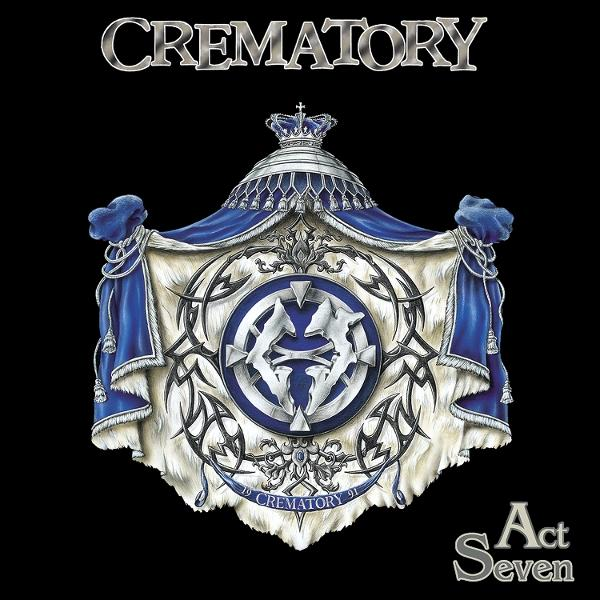Albumcover mit 'CREMATORY' oben. Ein Schild mit Logo, blauem und weißem Fell und 'Act Seven' unten auf schwarzem Hintergrund.