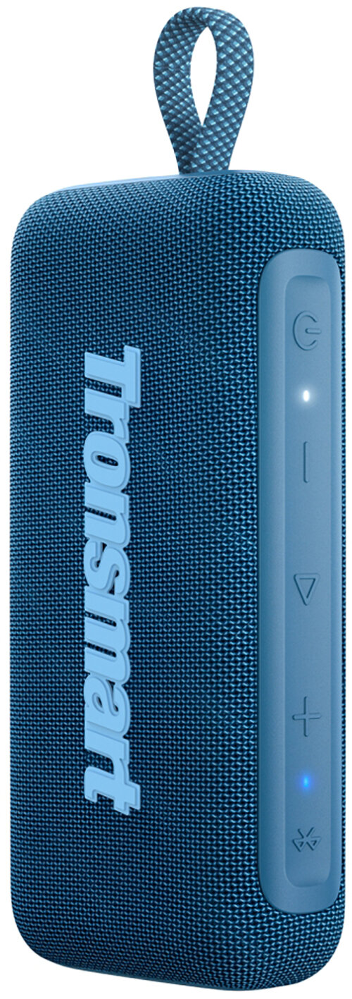 Niebieski głośnik przenośny z marką 'Tronsmart'. Posiada przyciski zasilania i głośności oraz pętlę do zawieszania.