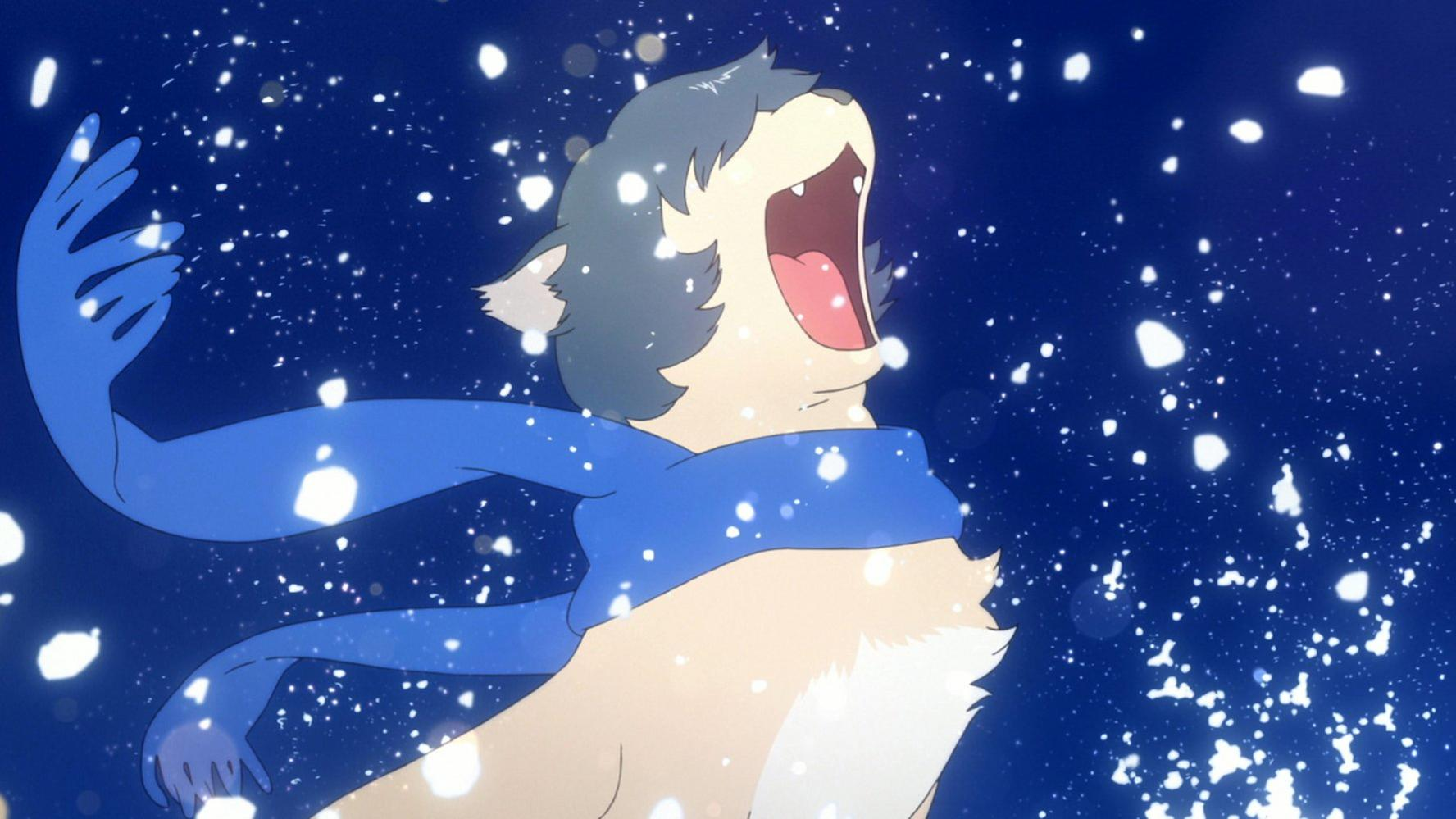 Ein Anime-Wolf mit offenem Mund, der einen blauen Schal trägt, mit einer Hand in der Luft. Schneeflocken fallen vor einem dunkelblauen Hintergrund.