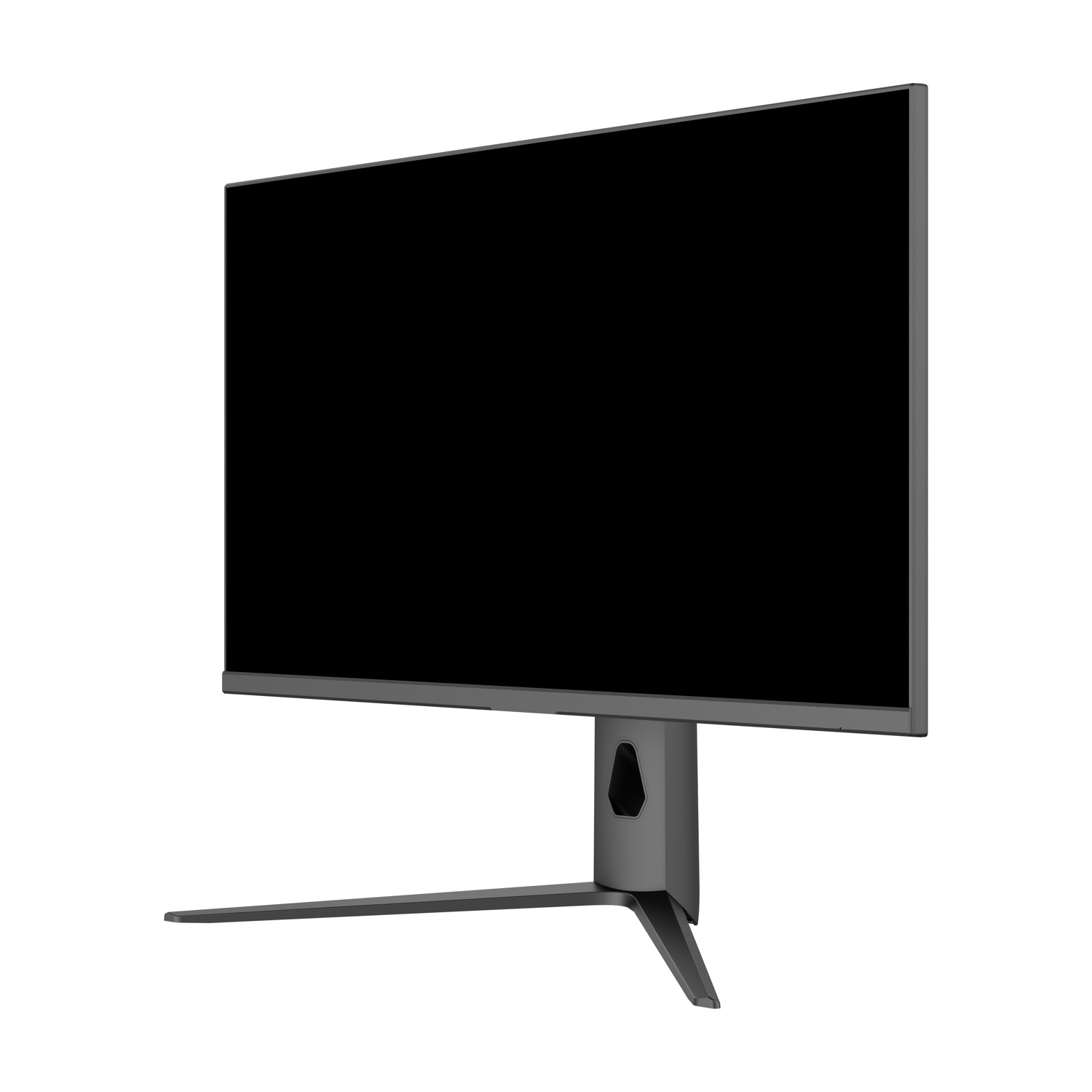 Un moderno monitor per computer con schermo nero, cornice grigia e supporto abbinato, su sfondo bianco.