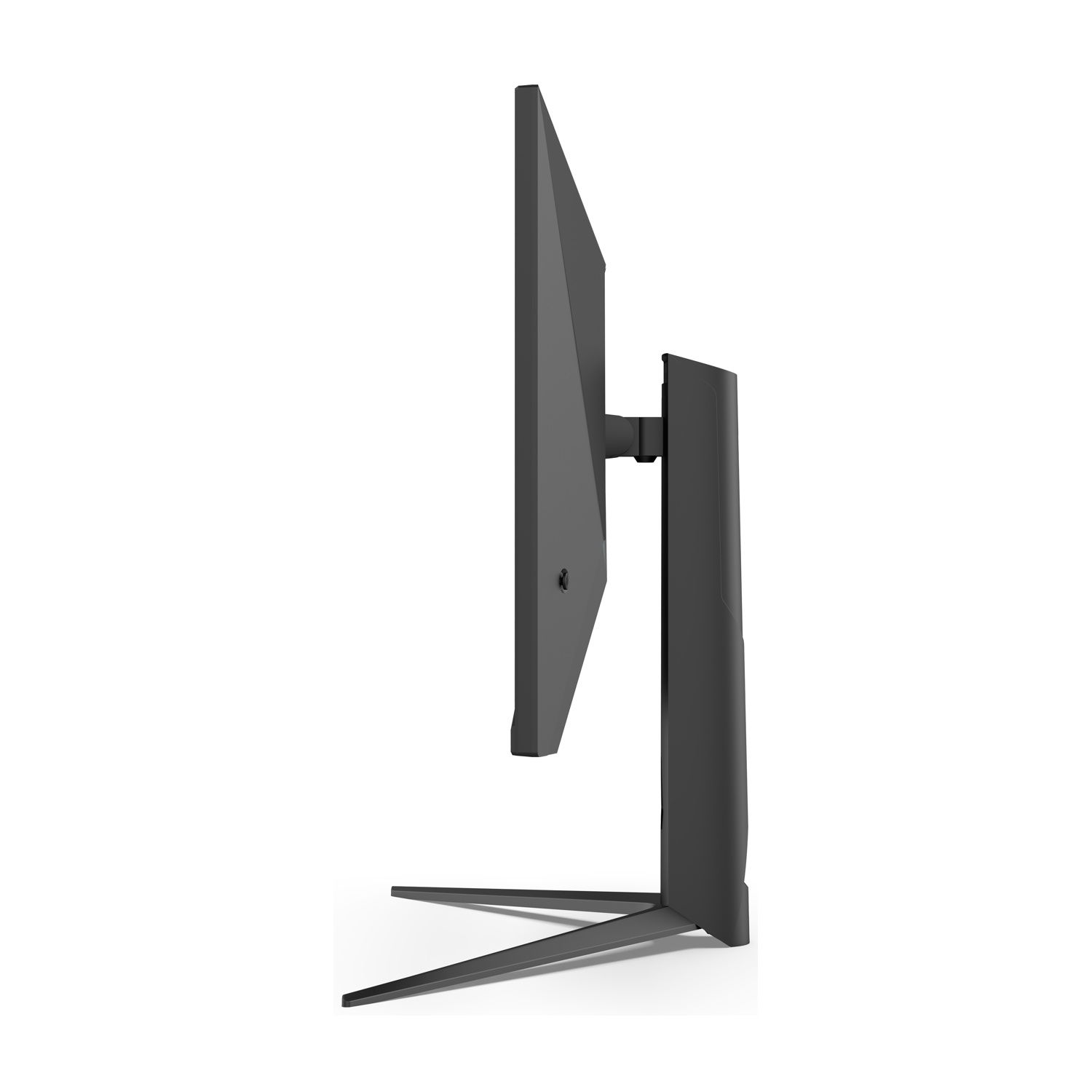 Vista laterale di un monitor per computer nero con supporto. Lo schermo è scuro. Il supporto ha due gambe.