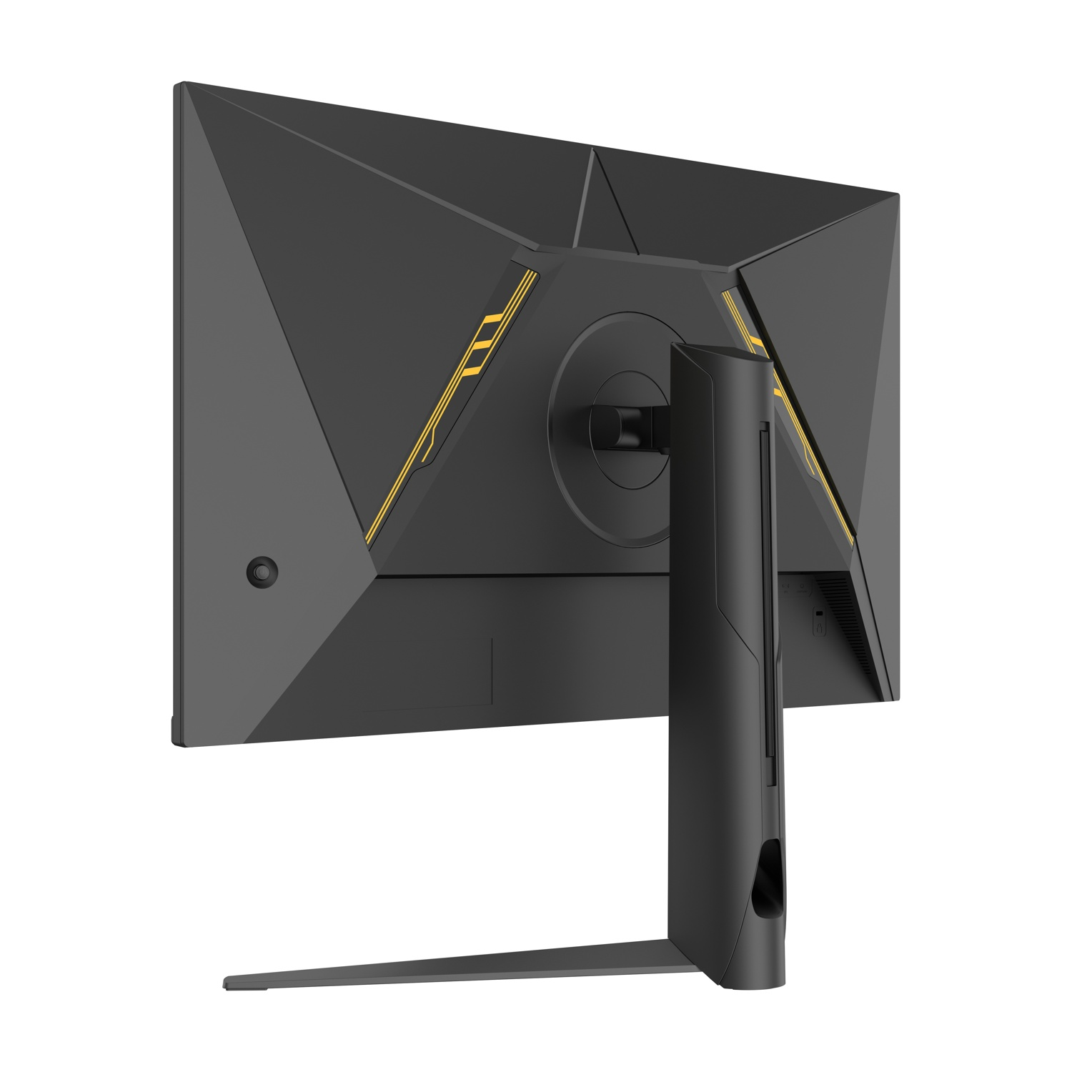 È mostrato il retro di un monitor per computer nero. Ha un design geometrico con accenti gialli, un supporto e porte.