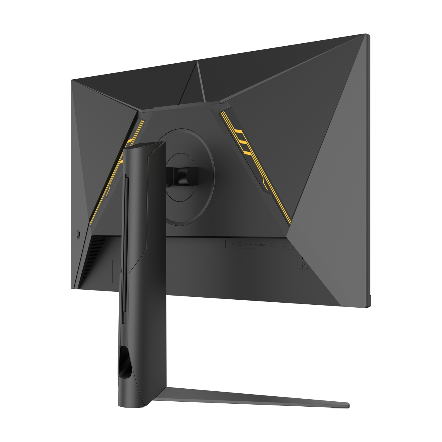 Retro di un monitor per computer nero. Ha accenti gialli ed è leggermente angolato. Anche il supporto è nero.