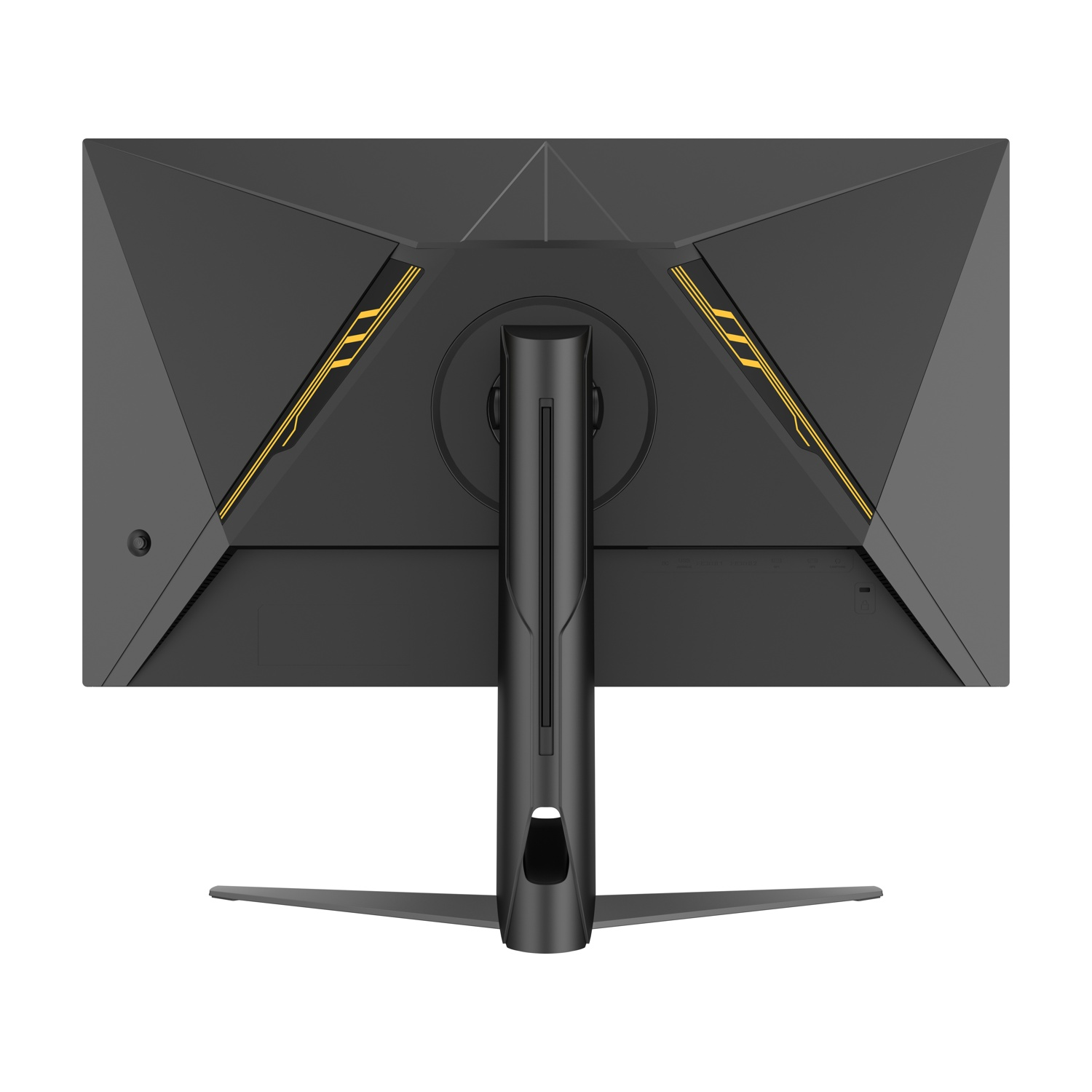 Viene mostrato il retro di un monitor di computer nero. Ha un supporto, con linee decorative gialle.
