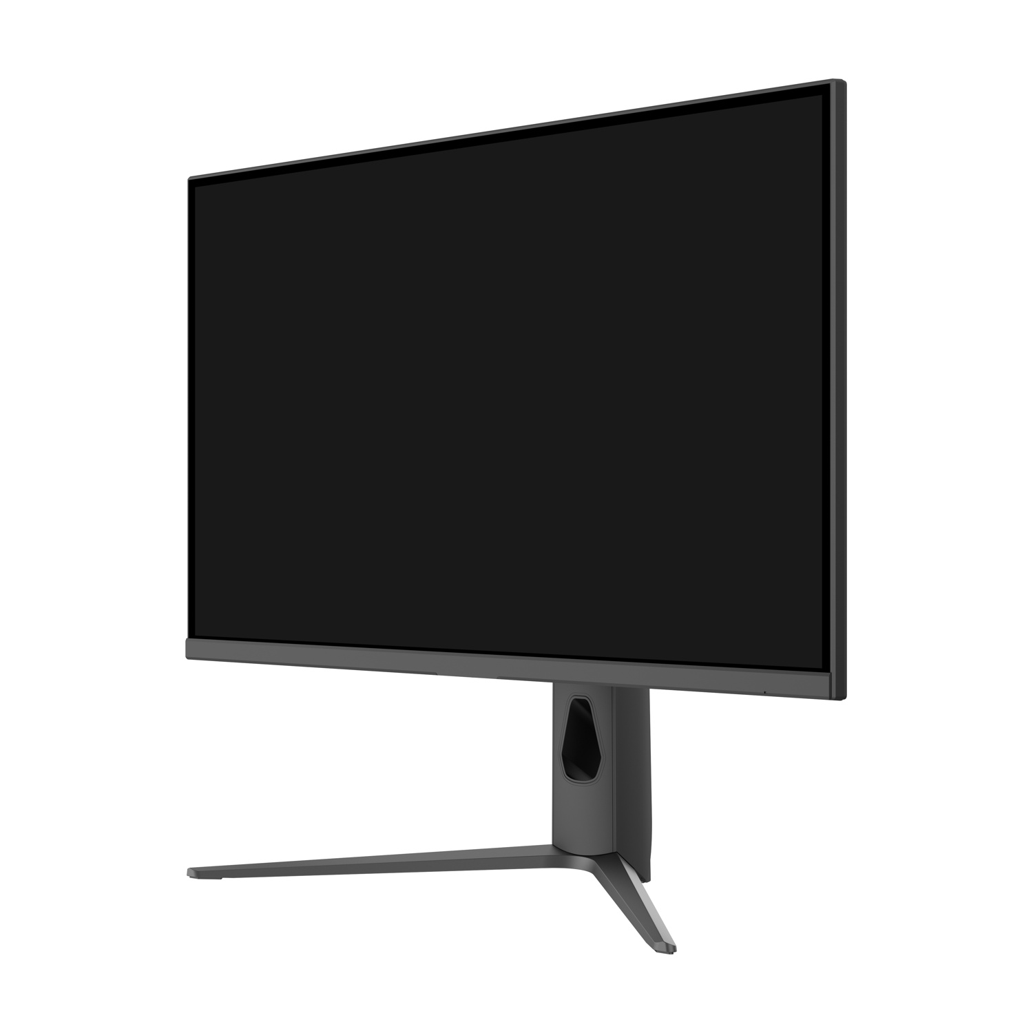 Un moderno monitor per computer su sfondo bianco. Ha un grande schermo nero e un supporto grigio.