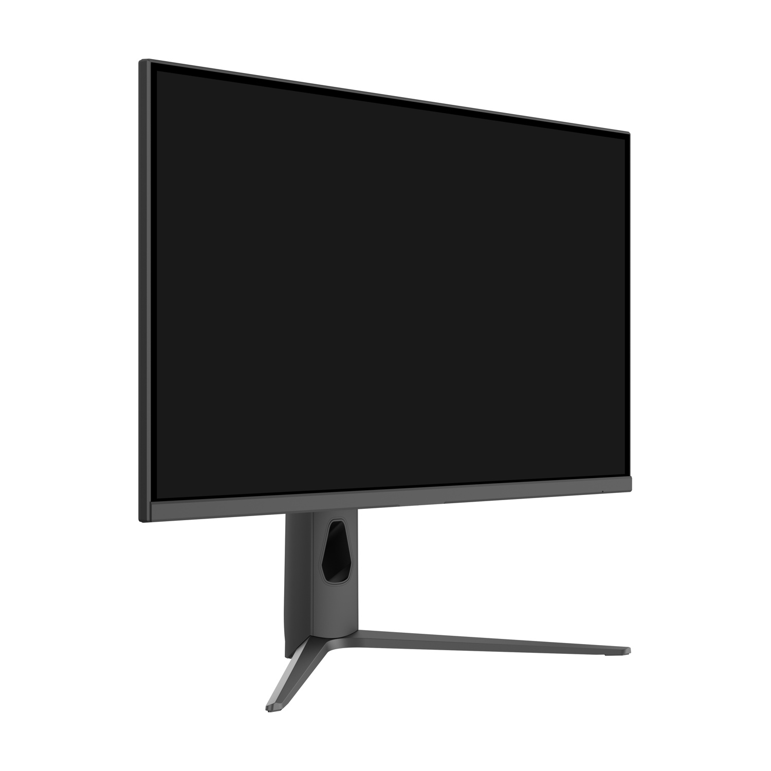Un monitor di computer grigio scuro con schermo nero su sfondo bianco. Il monitor ha un supporto grigio scuro.