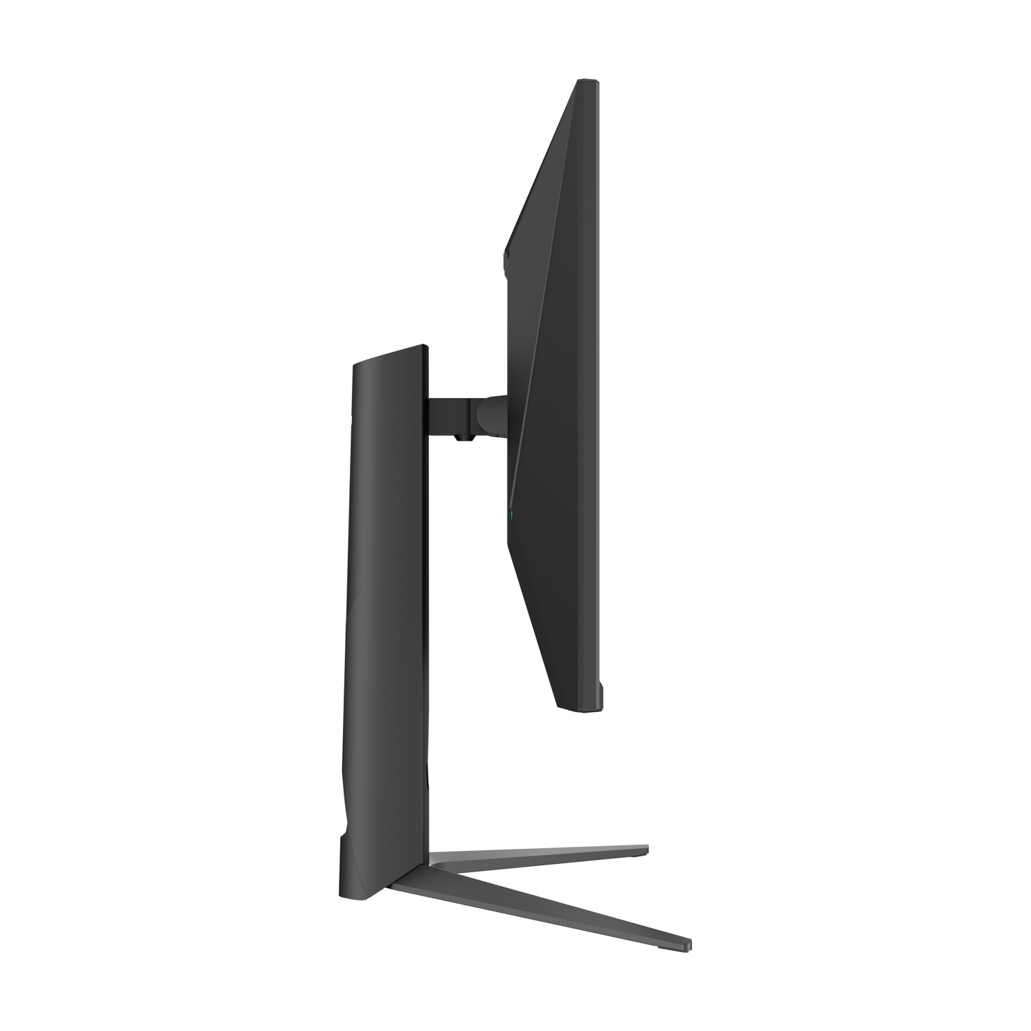 Un monitor per computer nero visto lateralmente. Ha un supporto e si trova su uno sfondo bianco.