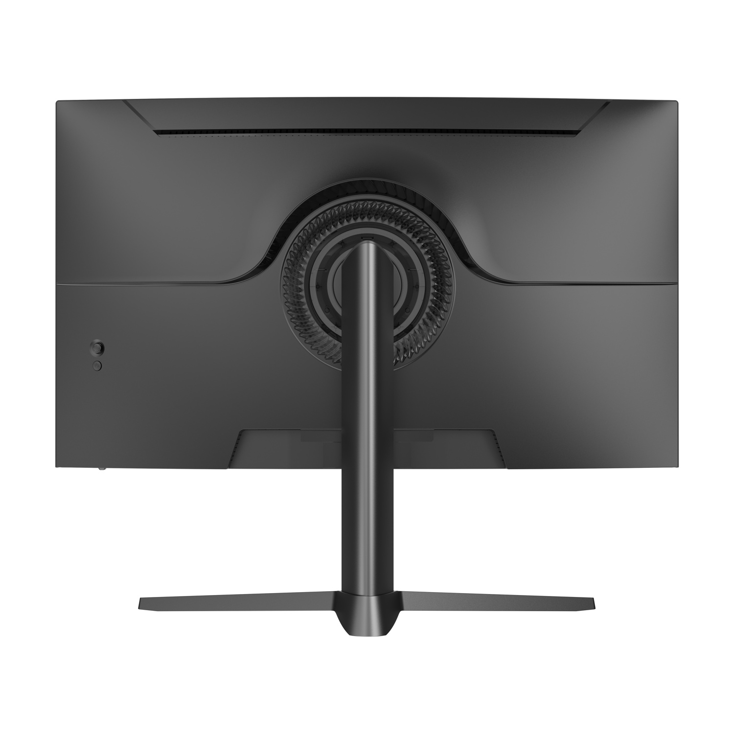 Retro di un monitor per computer nero con supporto. Ha un design circolare centrale e una base di supporto.