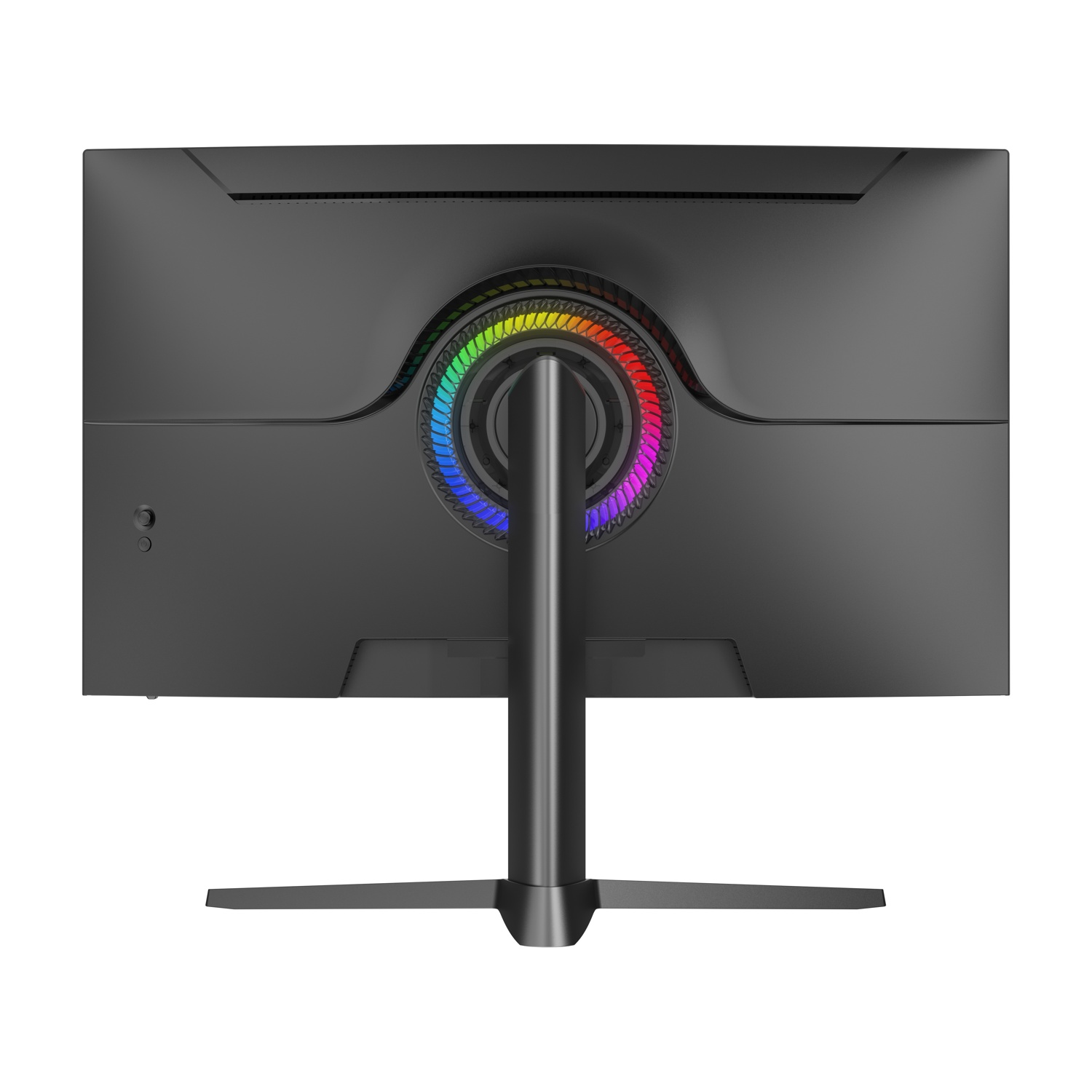 Vista posteriore di un monitor per computer nero. Ha un anello di luce arcobaleno al centro. Il supporto è nero e ha una base a forma di croce.