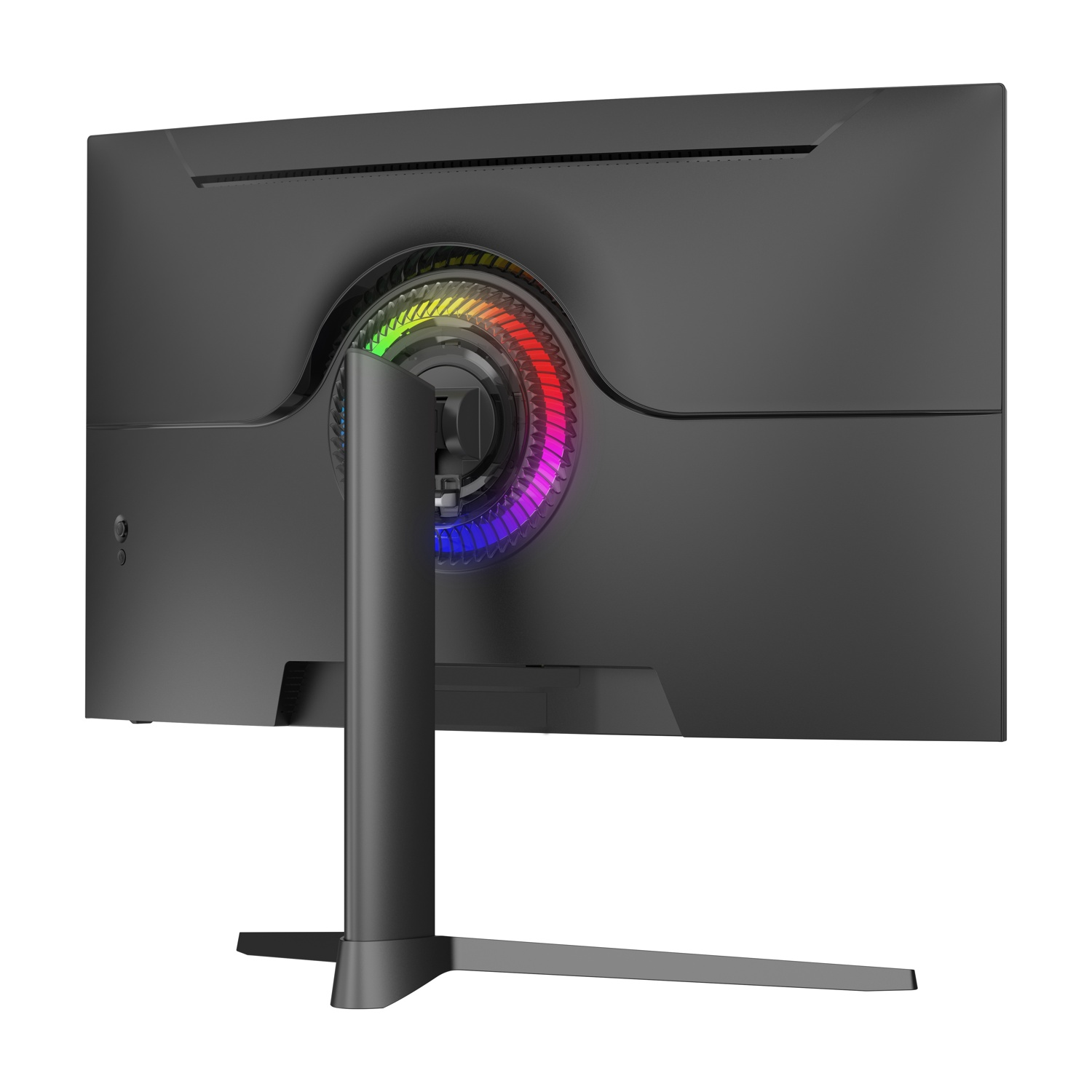 Vista posteriore di un monitor nero. Ha un supporto, una ventola circolare con luci arcobaleno e sfondo bianco.