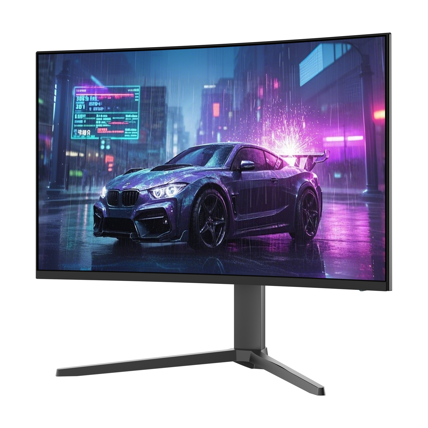 Un monitor di computer mostra una scena urbana futuristica con un'auto viola su una strada piovosa. Il monitor ha un supporto scuro.