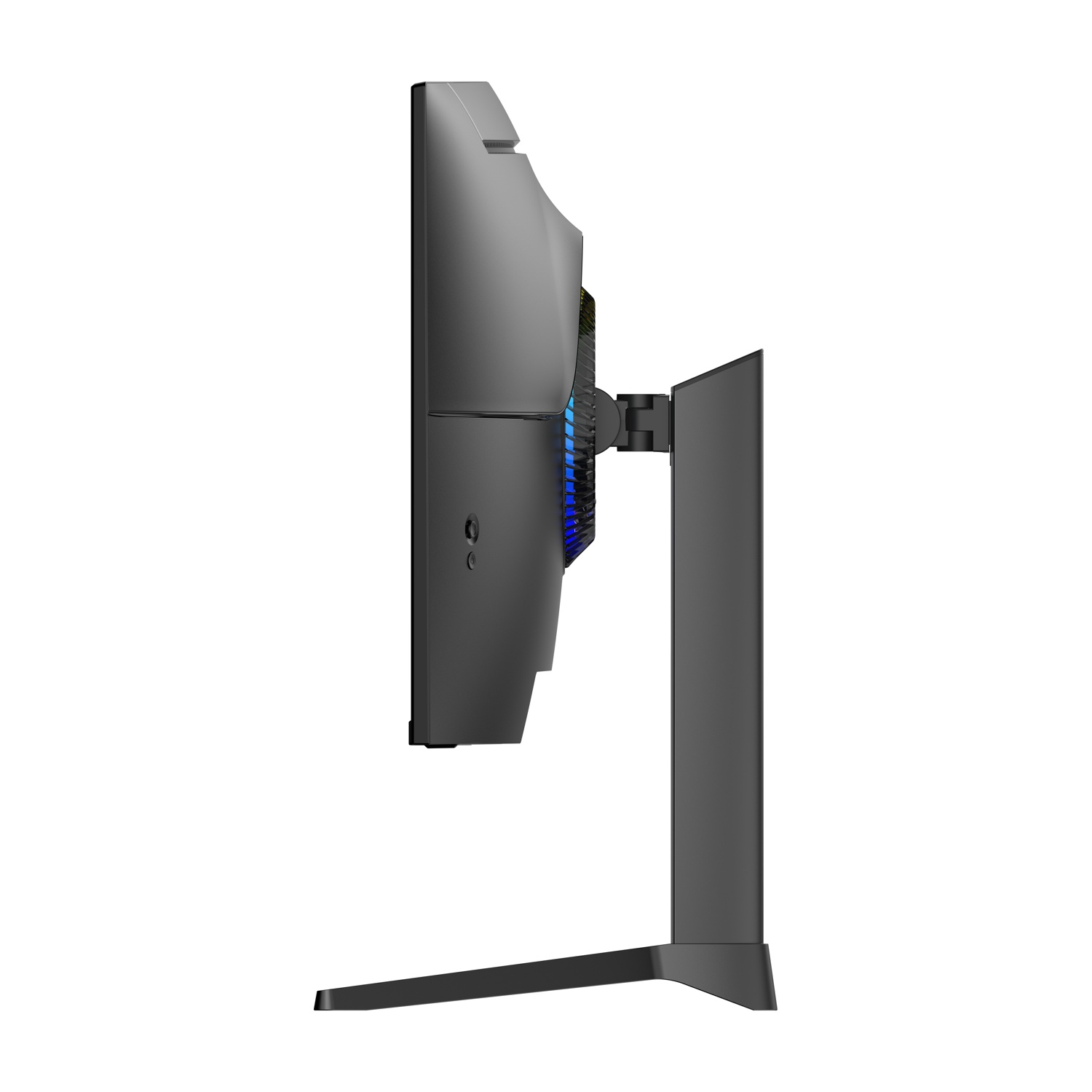 Vista laterale di un monitor nero su sfondo bianco. Il monitor è supportato da un supporto.
