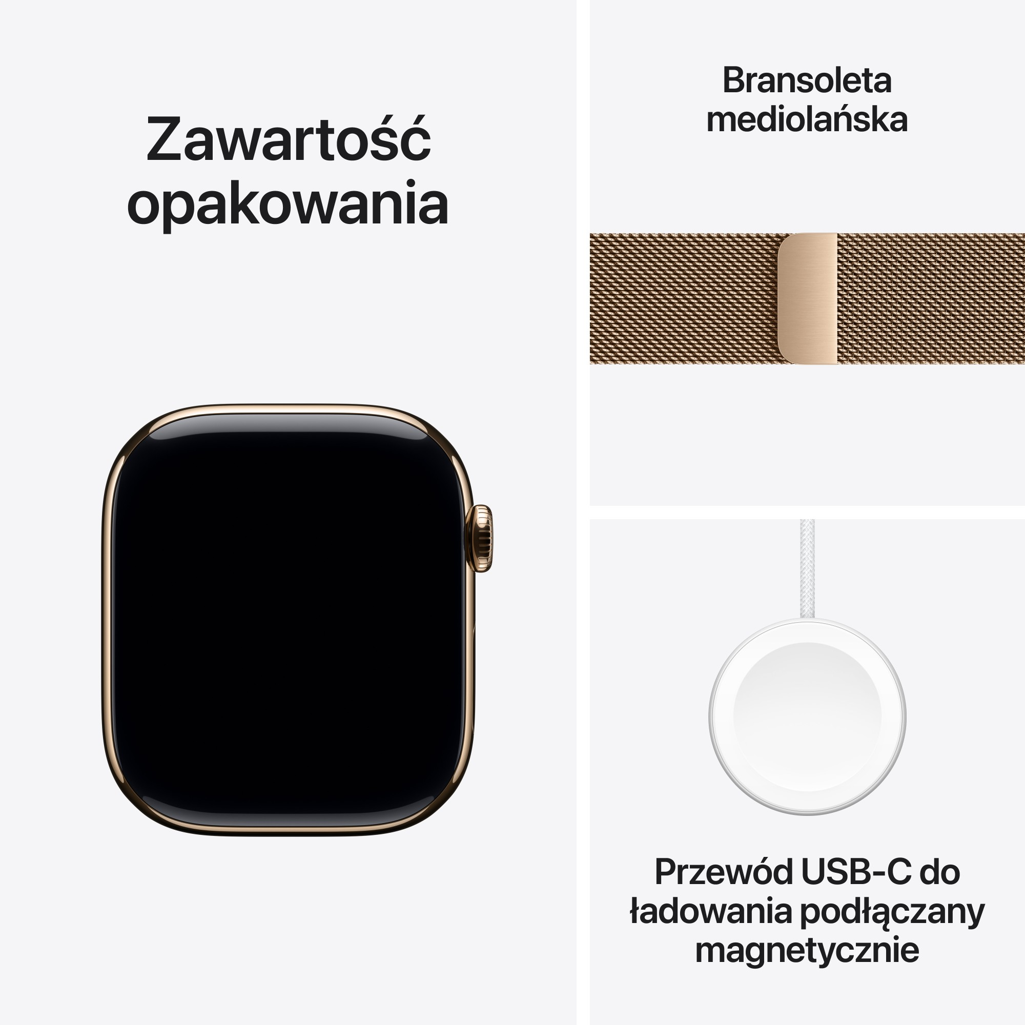 Obraz przedstawia Apple Watch, pasek Milanese Loop i magnetyczny kabel ładujący USB-C.