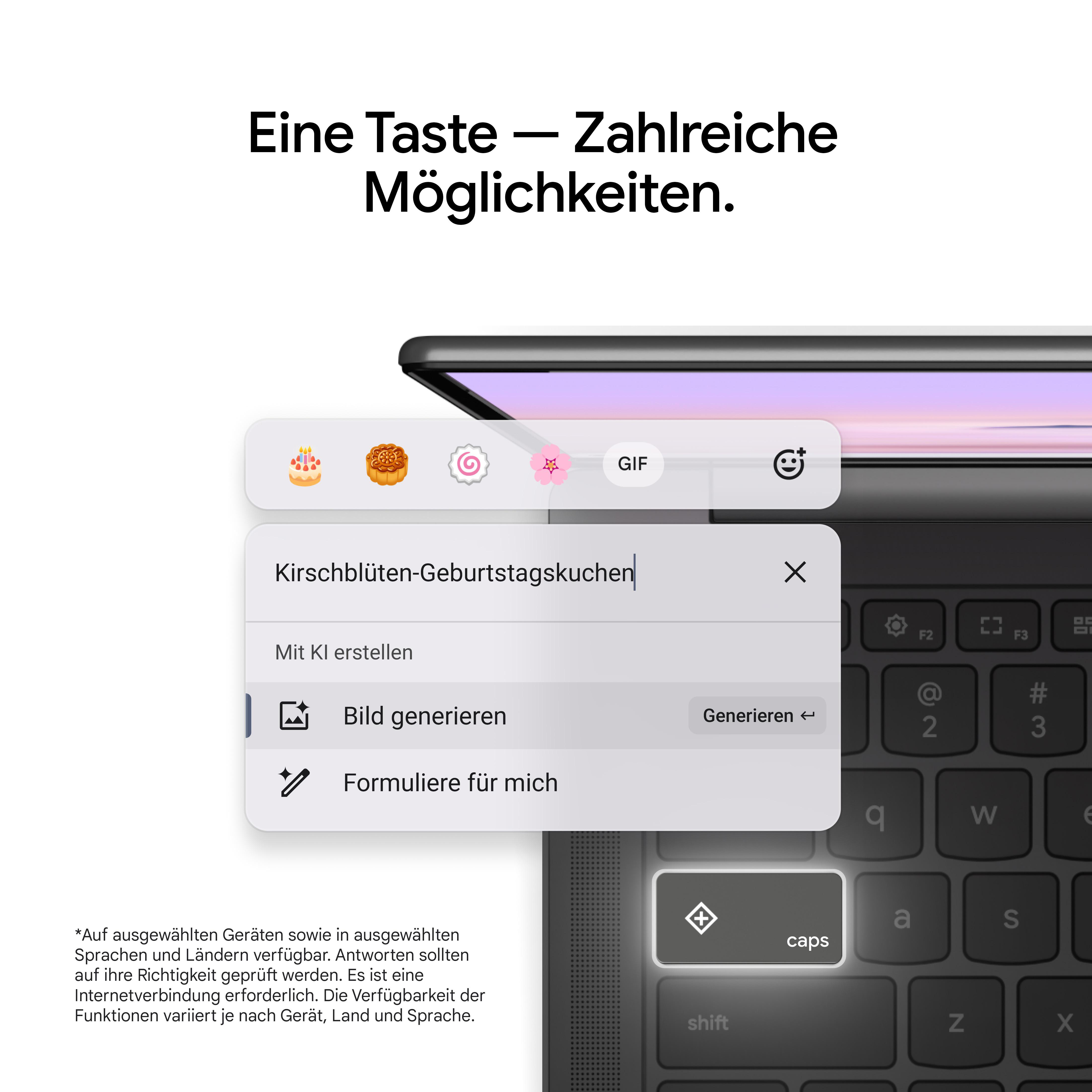 Eine Laptop-Tastatur mit einem darüber geöffneten Menü. Das Menü enthält Text und Symbole.