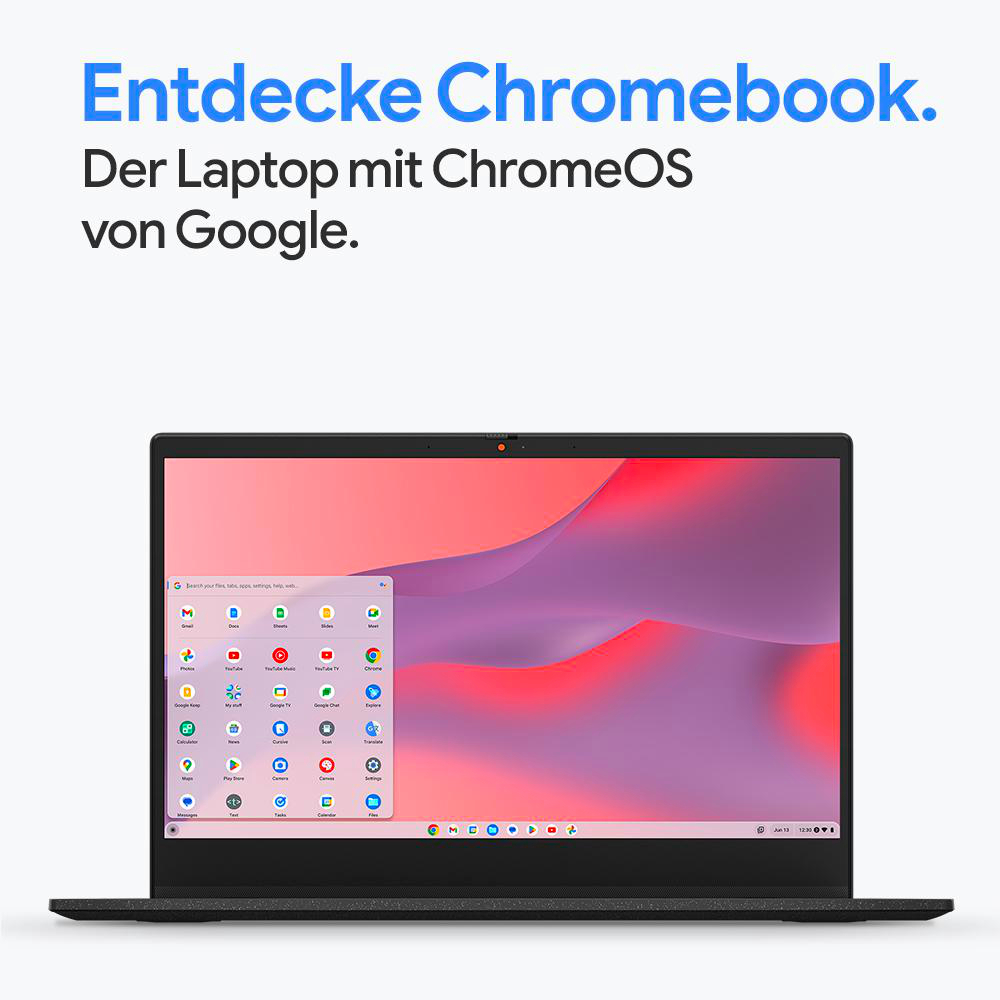 Ein schwarzer Laptop zeigt die ChromeOS-Oberfläche. Der Text oben lautet: 'Entdecke Chromebook. Der Laptop mit ChromeOS von Google.'