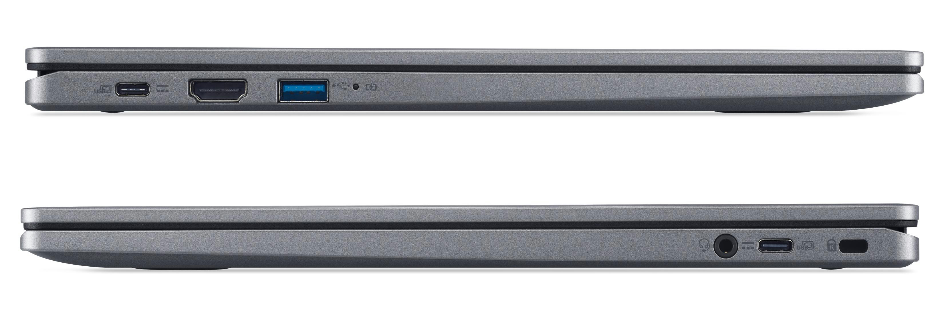 Zwei graue Laptops in Seitenansicht, die Anschlüsse wie USB, HDMI und Audioanschluss zeigen. Weißer Hintergrund.