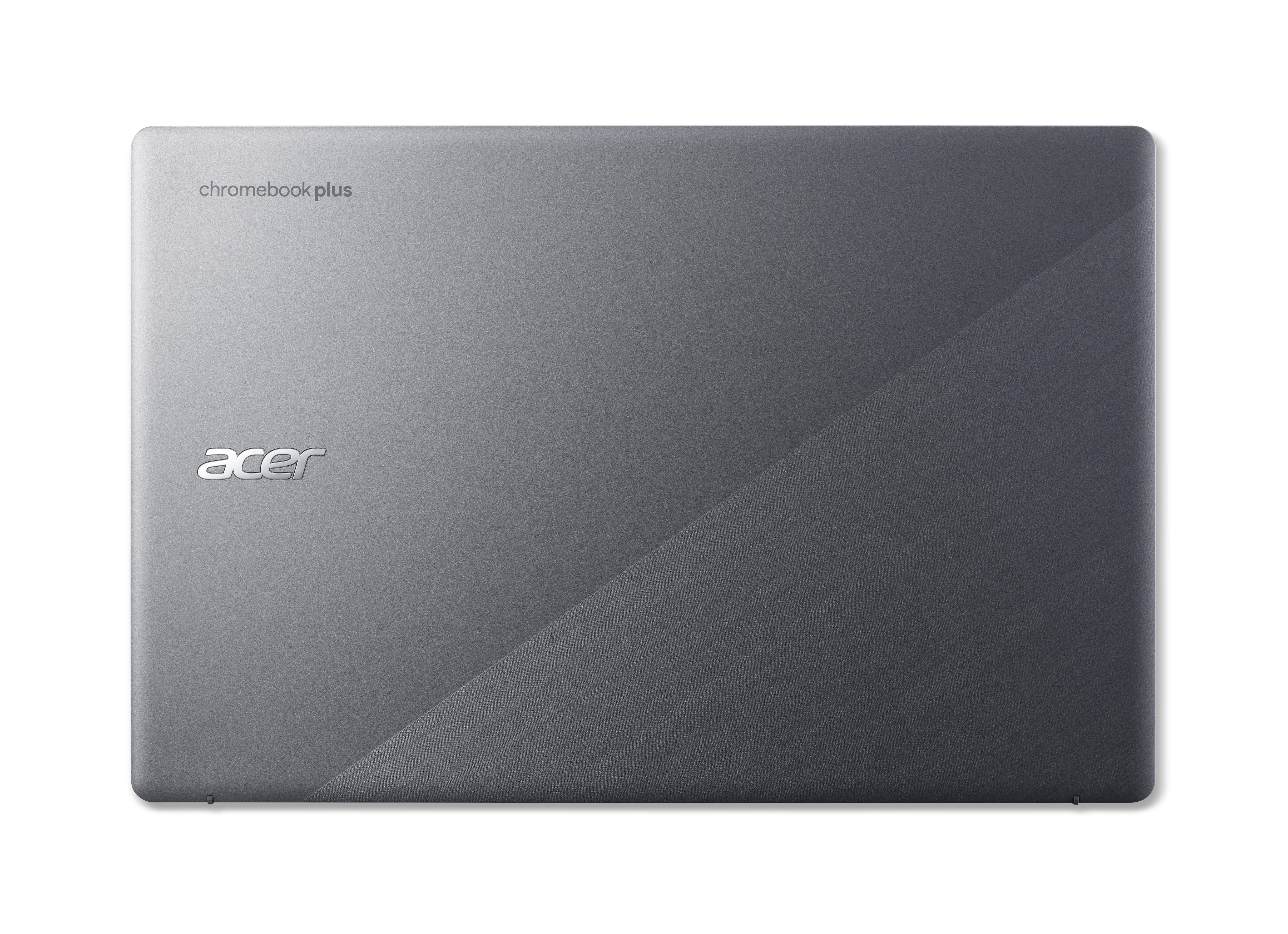 Ein grauer Acer Chromebook Plus Laptop. Der Deckel ist in zwei Abschnitte unterteilt. Acer-Logo sichtbar.
