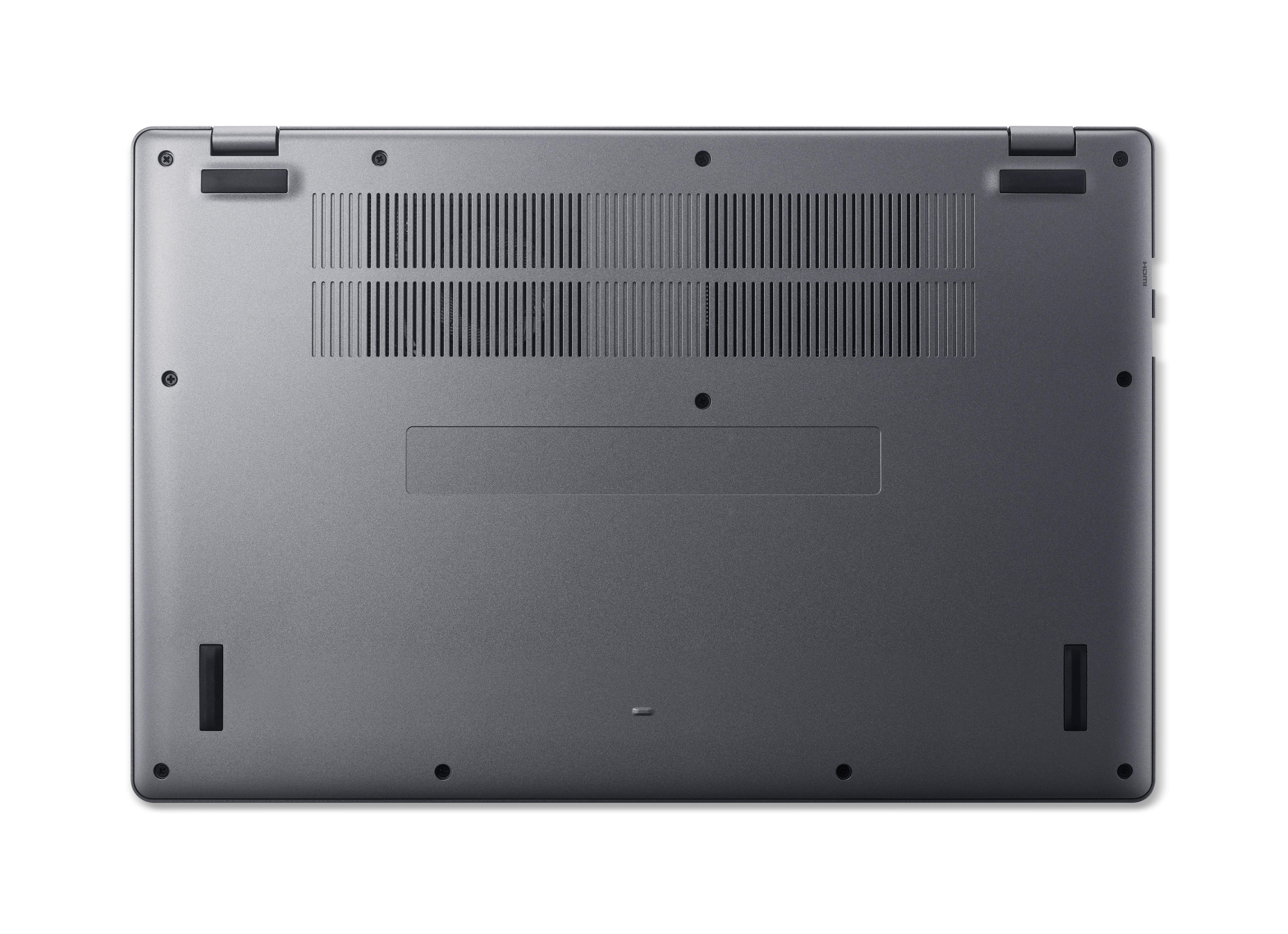 Die Unterseite eines grauen Laptops wird gezeigt. Es hat Lüftungsschlitze, Schrauben und Öffnungen. Der Hintergrund ist weiß.