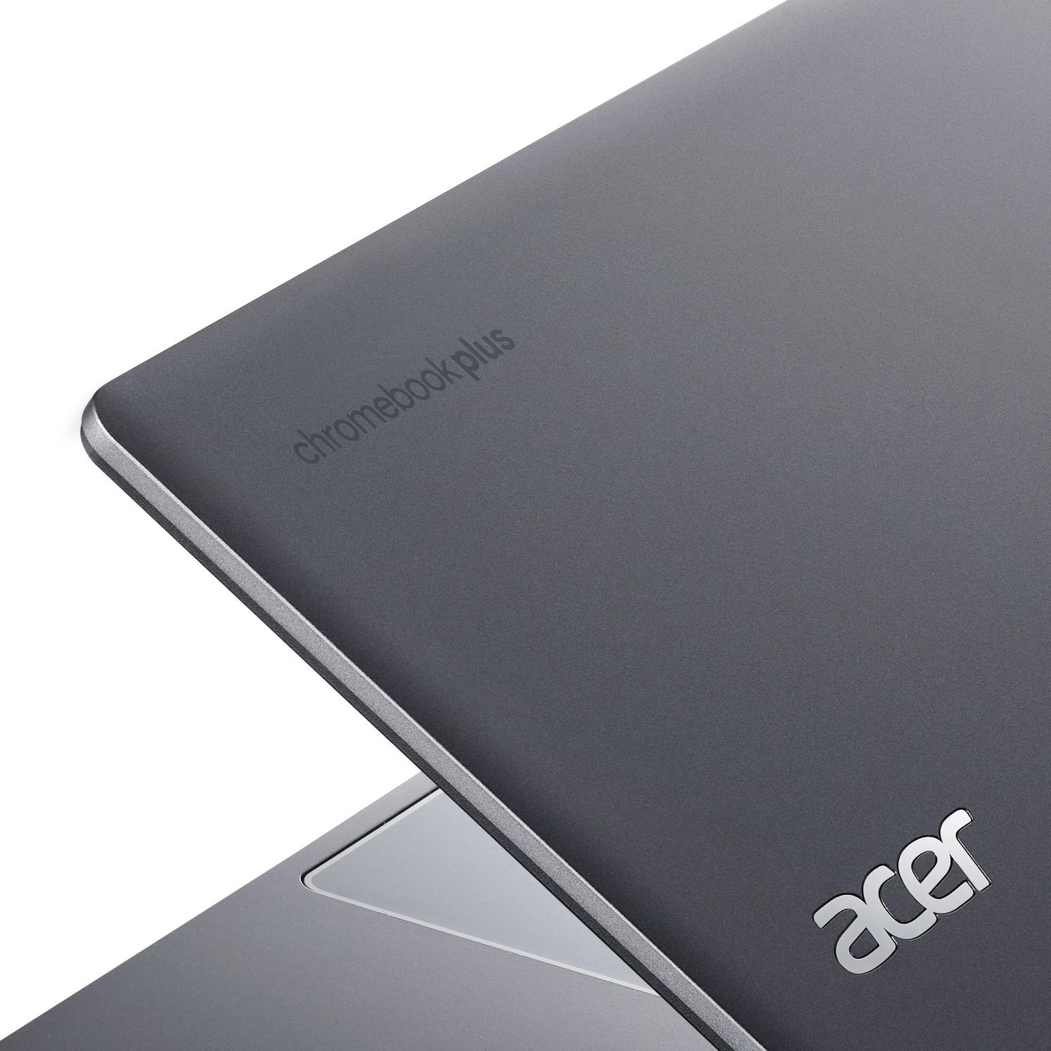 Nahaufnahme eines grauen Laptops. Das Acer-Logo ist sichtbar, zusammen mit den Wörtern 'chromebook plus'. Der Laptop ist leicht geöffnet.