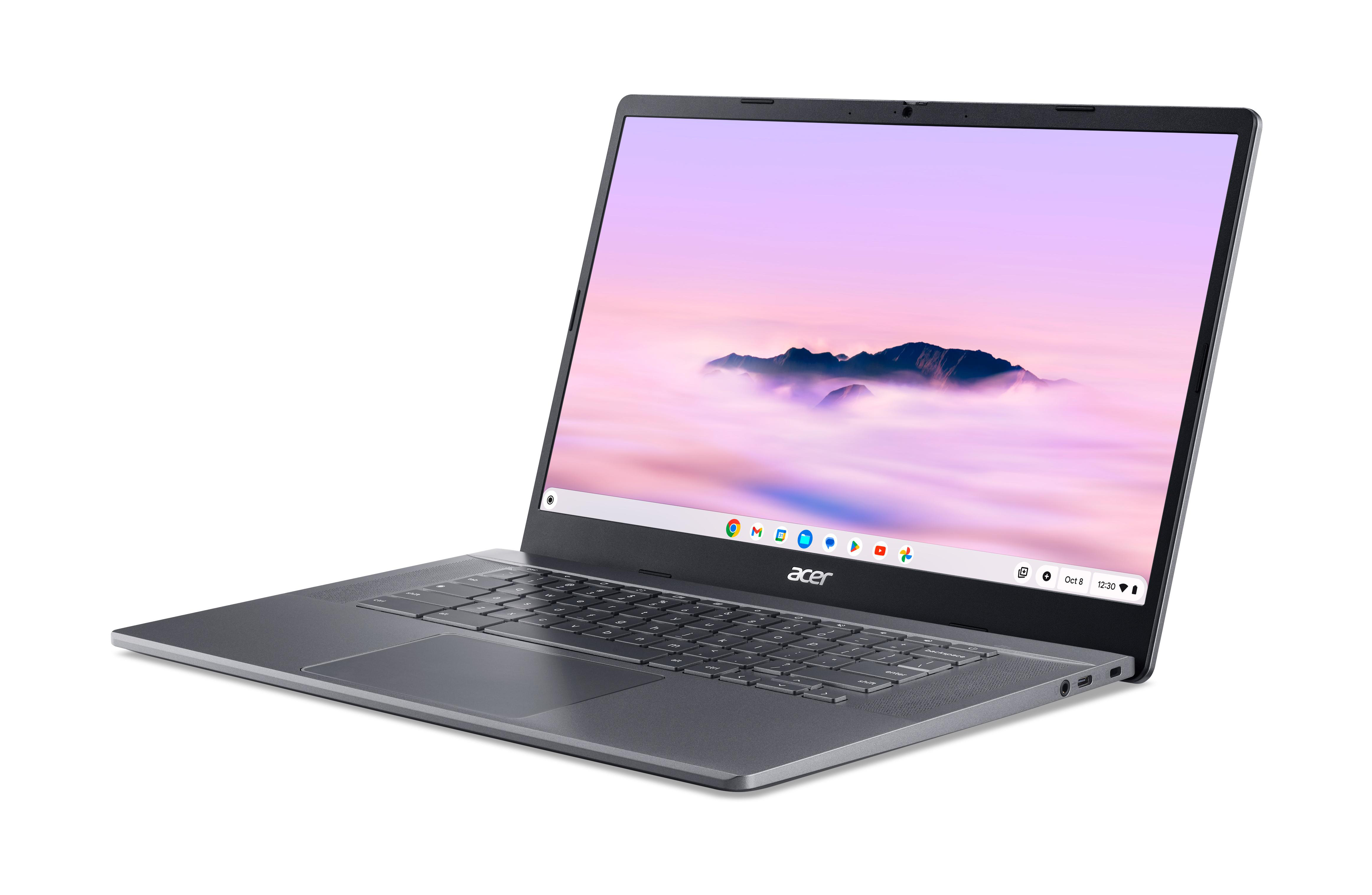 Ein grauer Acer-Laptop ist geöffnet. Der Bildschirm zeigt einen rosafarbenen Himmel mit Wolken. Die Tastatur ist sichtbar.