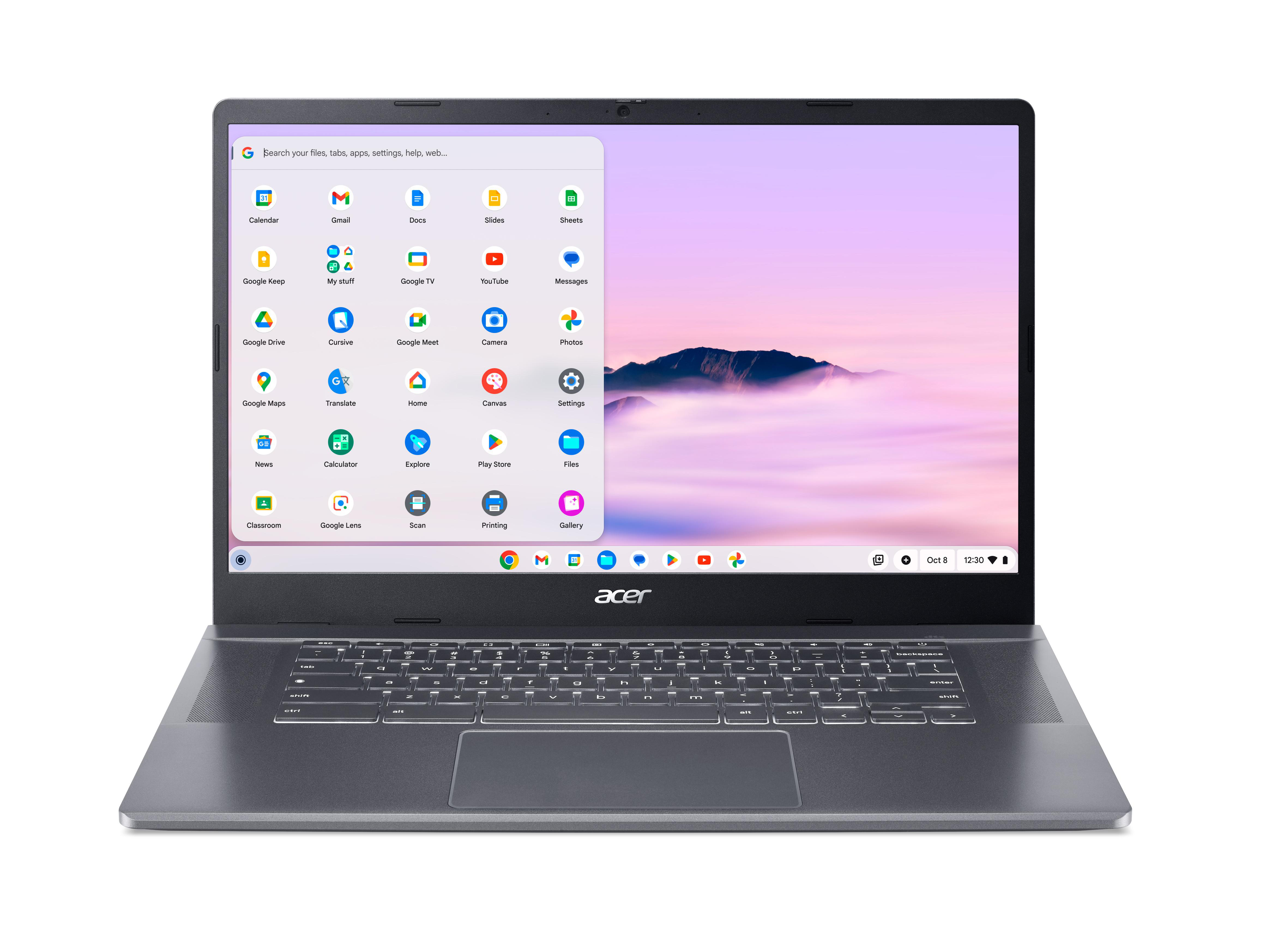 Ein silberner Acer-Laptop zeigt App-Symbole und eine bewölkte Berglandschaft auf dem Bildschirm.