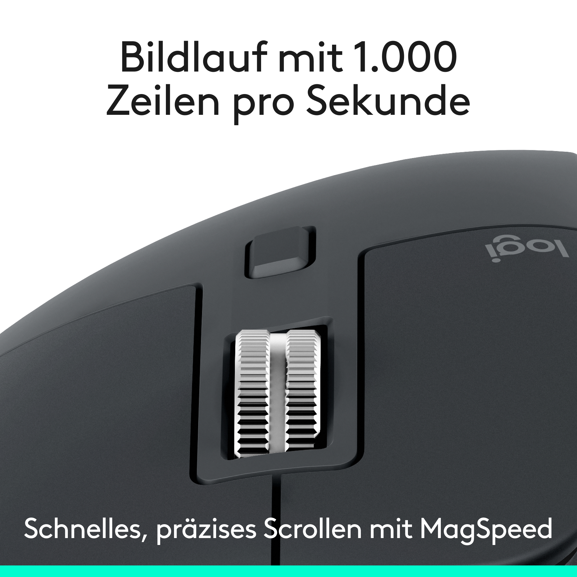 Nahaufnahme einer schwarzen Logitech-Maus. Das Scrollrad ist sichtbar. Text auf Deutsch: 'Schnelles, präzises Scrollen mit MagSpeed'.