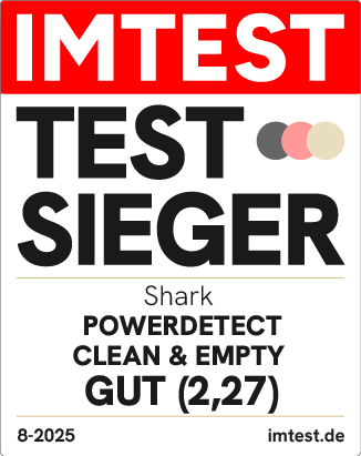 Testergebnis. Rotes Banner mit IMTEST. Darunter TEST SIEGER. Darunter Shark. Text: POWEDERDETECT CLEAN & EMPTY GUT (2,27).