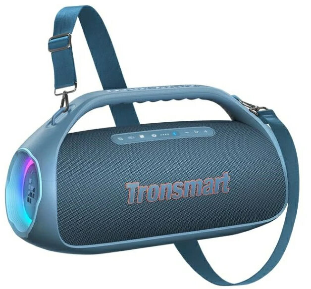 Niebieski głośnik Tronsmart z niebieskim paskiem. Głośnik ma uchwyt i światła na końcu. Logo jest widoczne.
