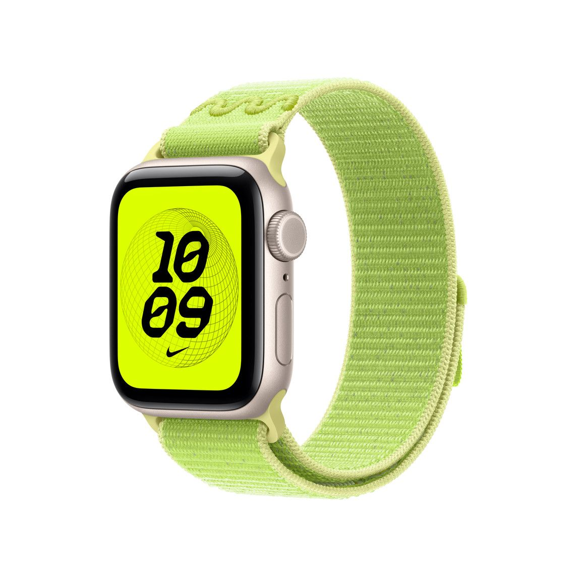 Egy Apple Watch limezöld szíjjal. A számlap 10:09-et mutat sárga háttéren.