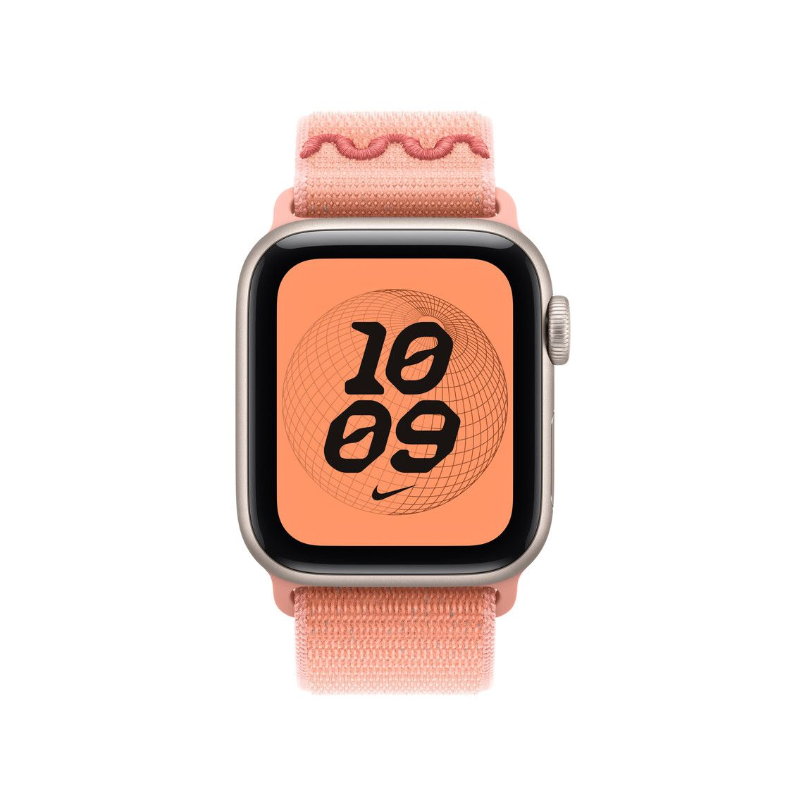 Apple Watch rózsaszín szíjjal. Az óralap 10:09-et mutat, alul egy Nike logóval.