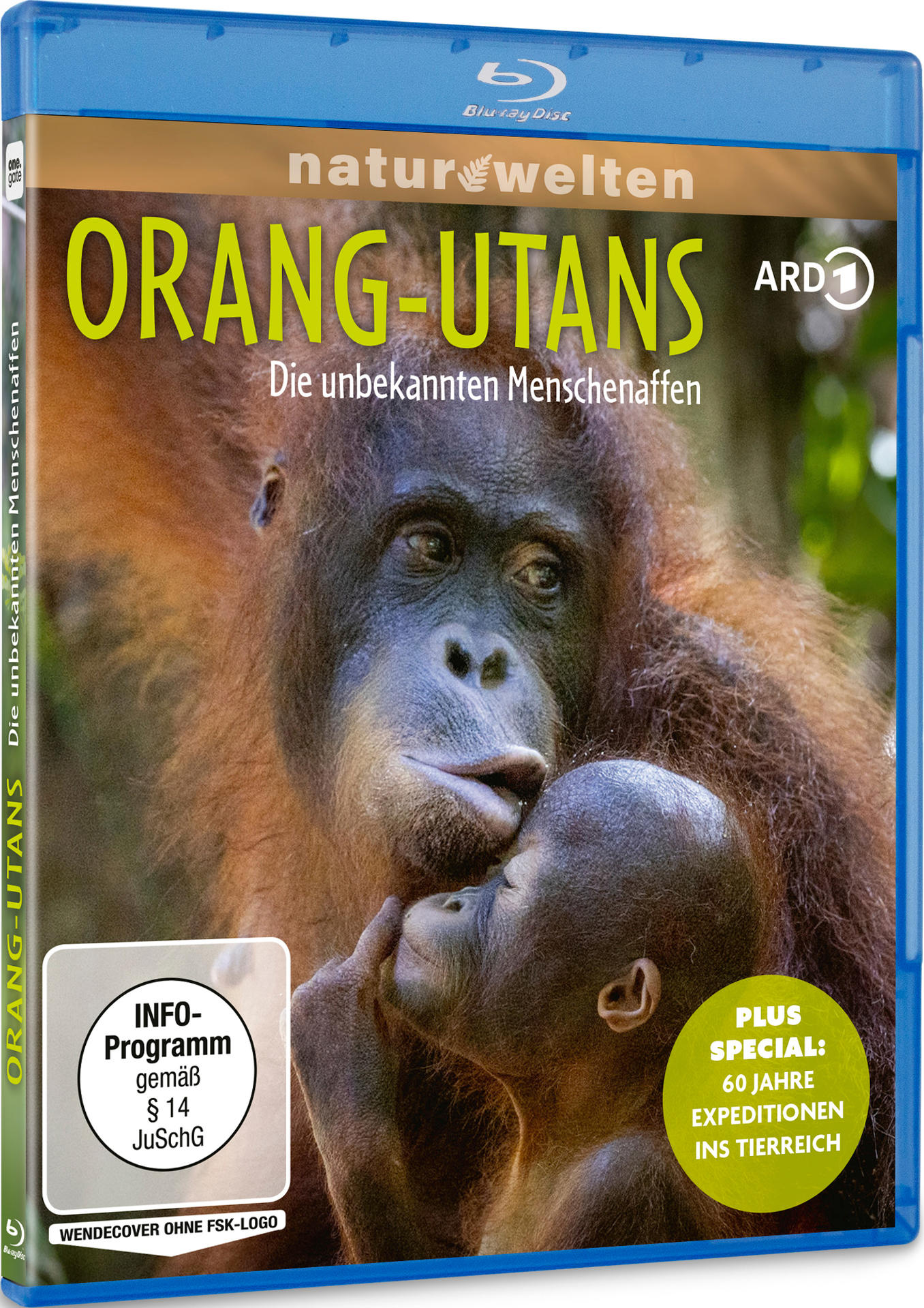 Ein Blu-ray-Cover zeigt zwei Orang-Utans. Der Text lautet 'Orang-Utans' und 'Die unbekannten Menschenaffen'.