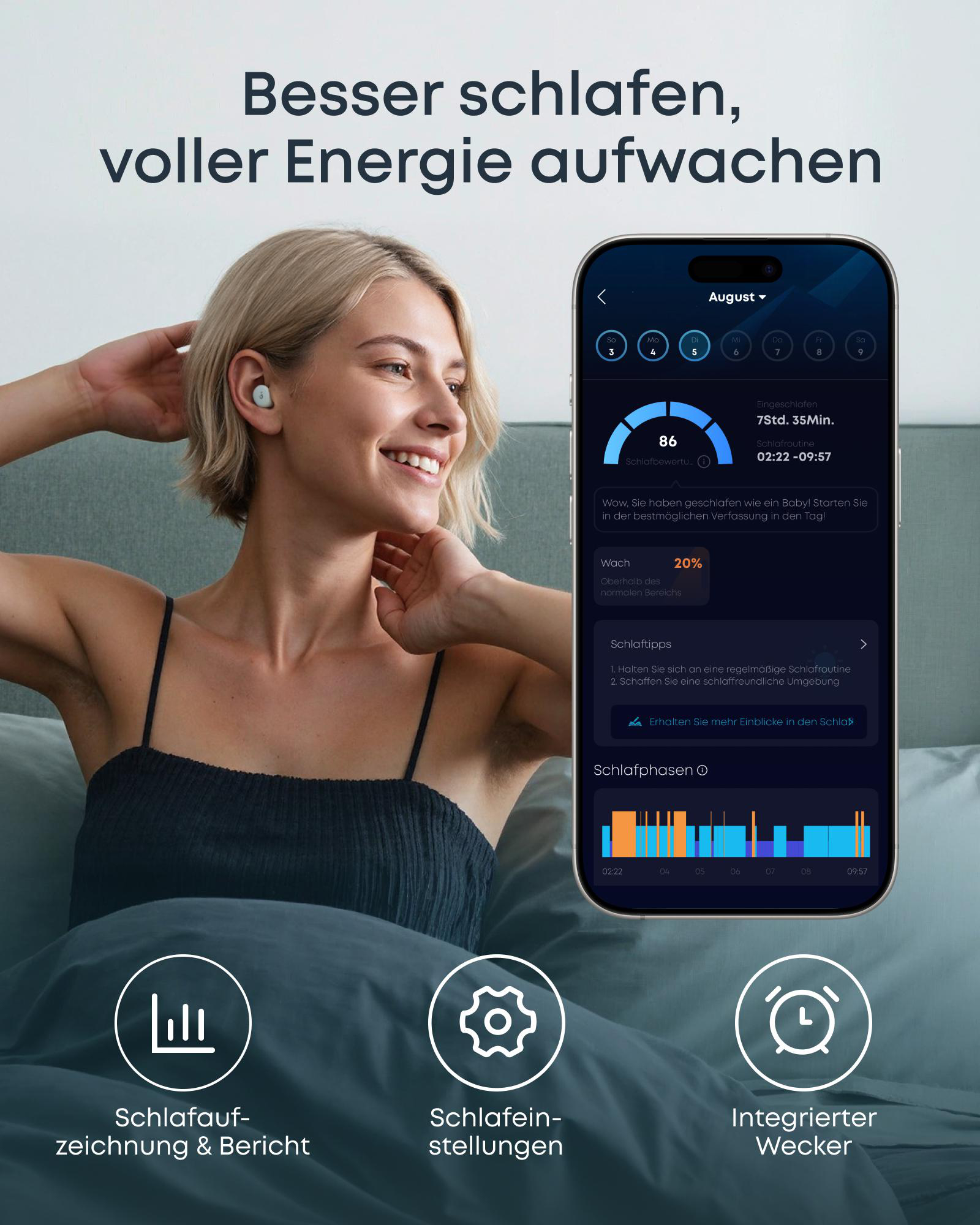 Eine Frau lächelt, während sie auf ein Telefon blickt, das Schlafdaten anzeigt. Oben steht: 'Besser schlafen, voller Energie aufwachen'.