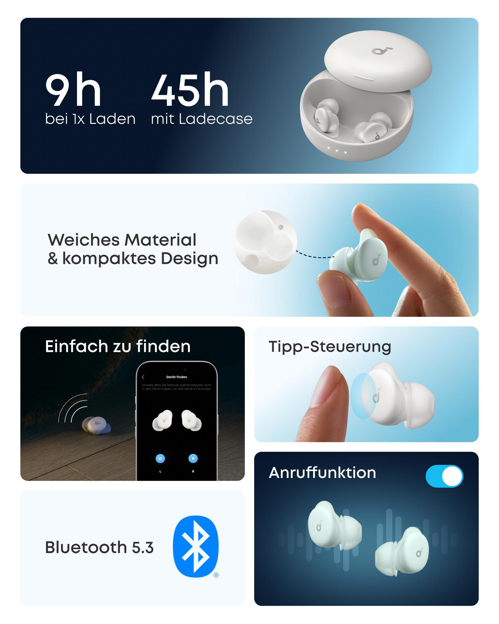 Das Bild zeigt weiße Ohrhörer mit Funktionen wie 9 Stunden Spielzeit, 45 Stunden mit Hülle, Touch-Steuerung und Bluetooth 5.3. Auch Ohrhörer finden.