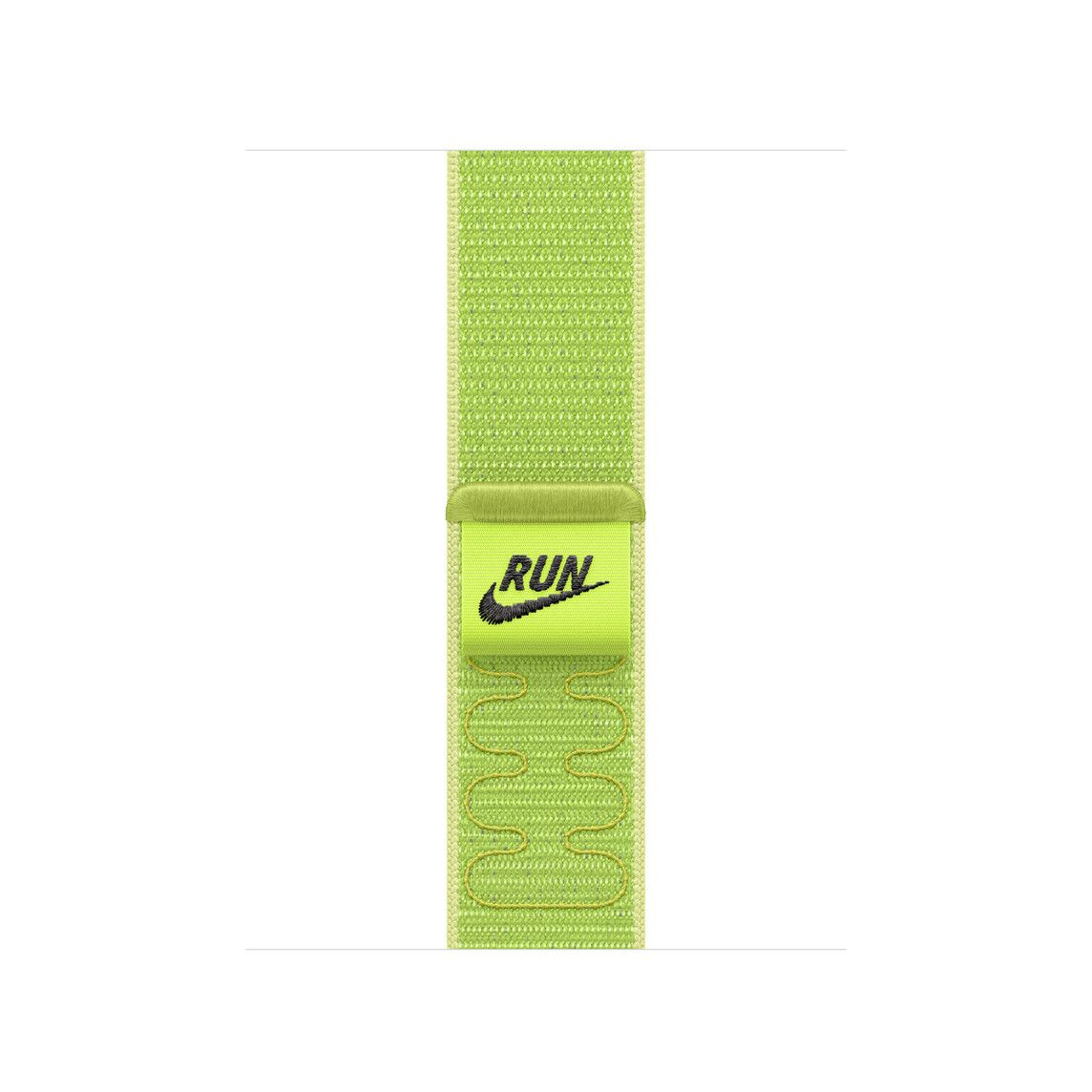 Egy zöld és sárga Nike óraszíj. Van rajta egy RUN feliratú címke a Nike logóval. A szíj fehér háttér előtt látható.