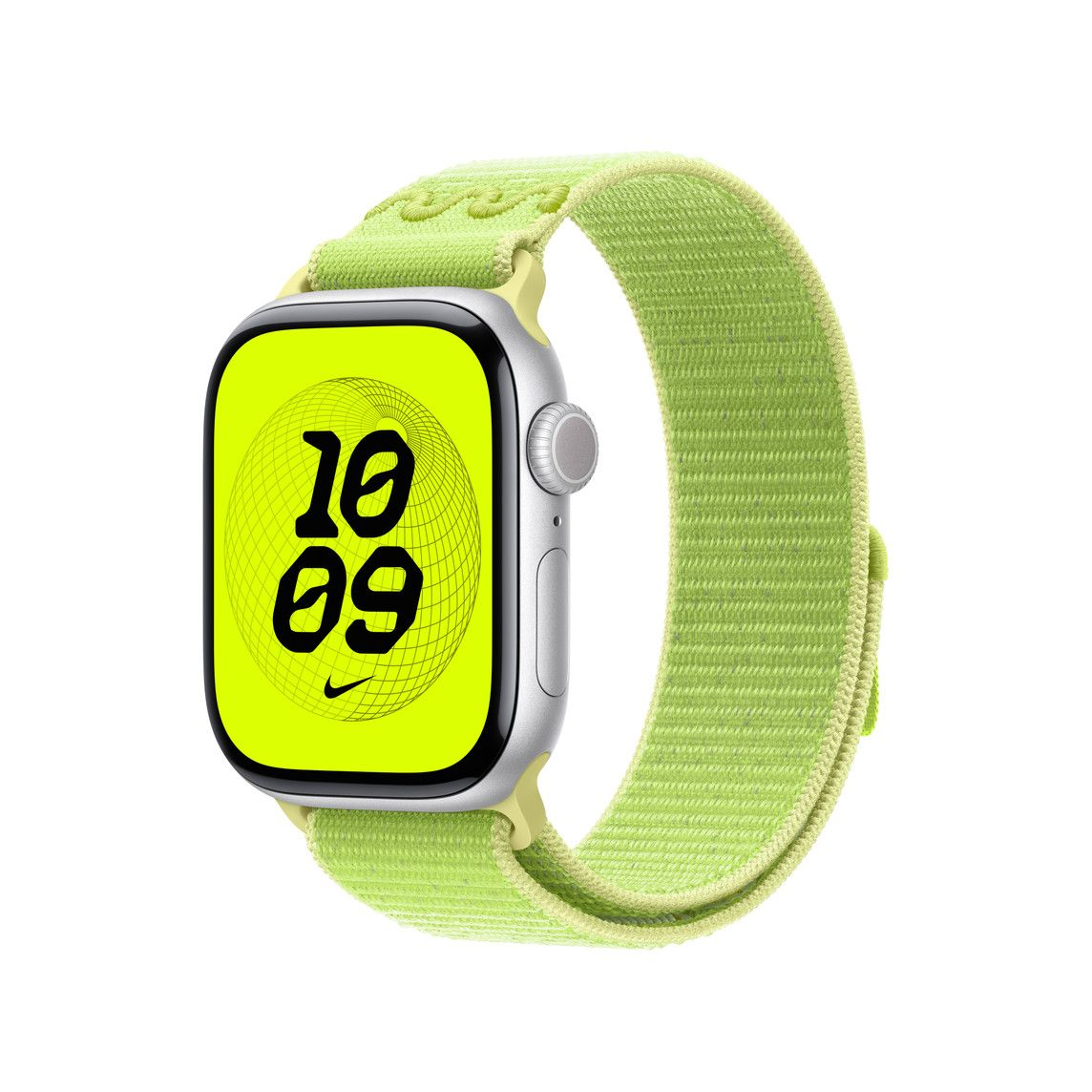 Apple Watch neonzöld szíjjal. A képernyő 10:09-et mutat. Az óra ezüst tokos. Fehér háttér.
