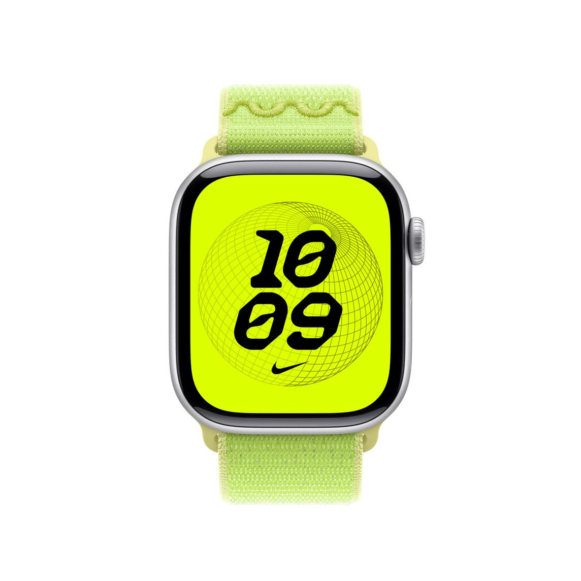 Apple Watch neon zöld kijelzővel, amely az időt mutatja, zöld szíjjal. A Nike logója a kijelző alján látható.