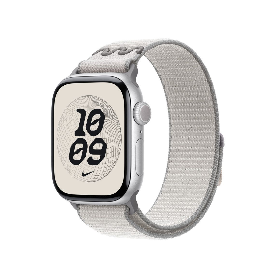 Apple Watch világosszürke szíjjal. A számlap 10:09-et mutat, rácsmintával.