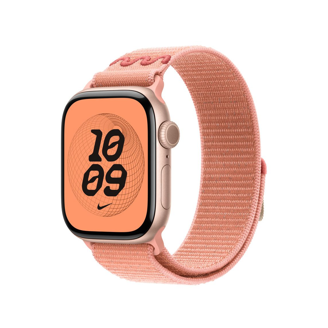 Egy rózsaarany Apple Watch egy barack színű sport loop szíjjal, amely a 10:09-es időt mutatja, barack háttérrel.