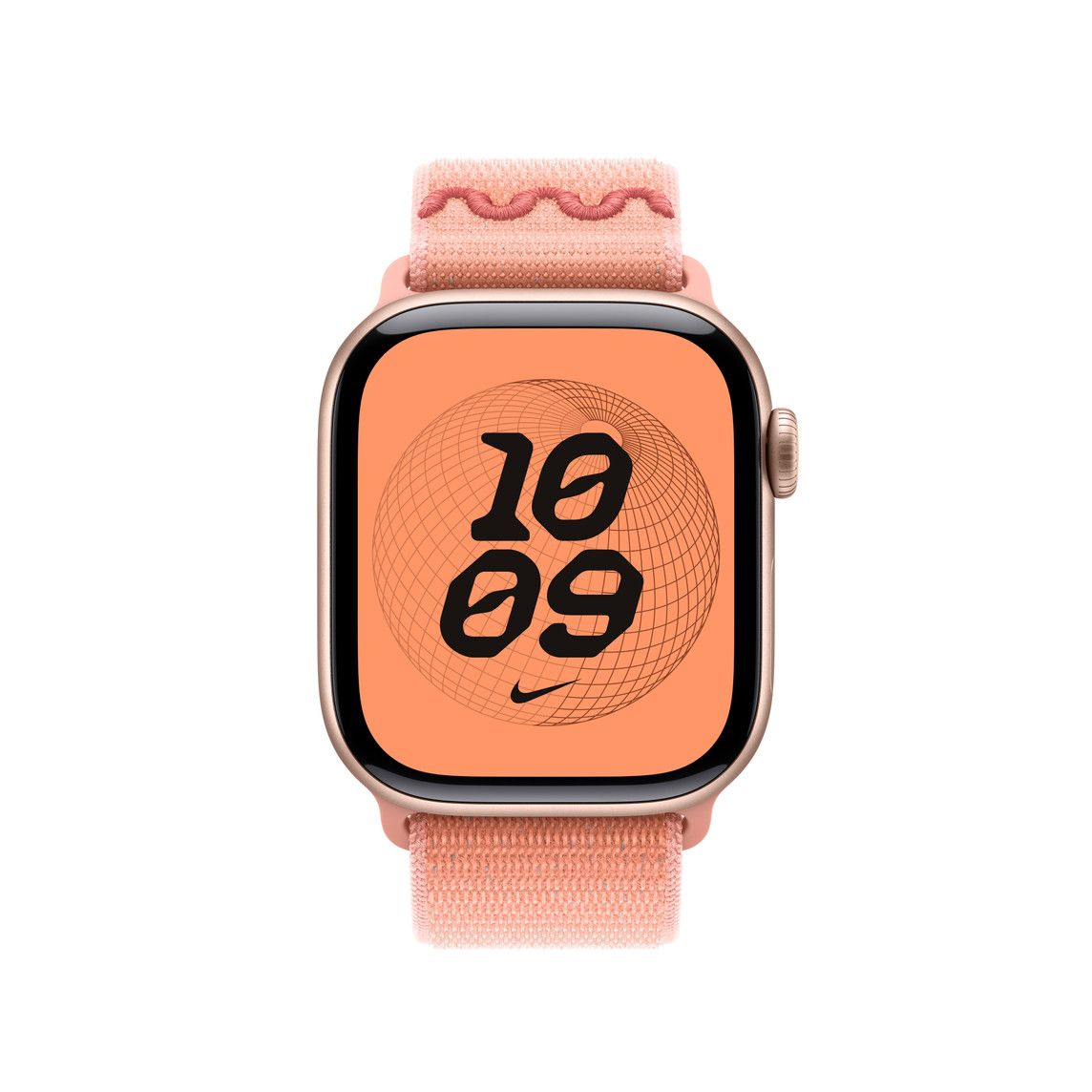 Rózsaszín arany Apple Watch barack színű szíjjal. A számlap 10:09-et mutat, földgömb dizájnnal és Nike logóval.