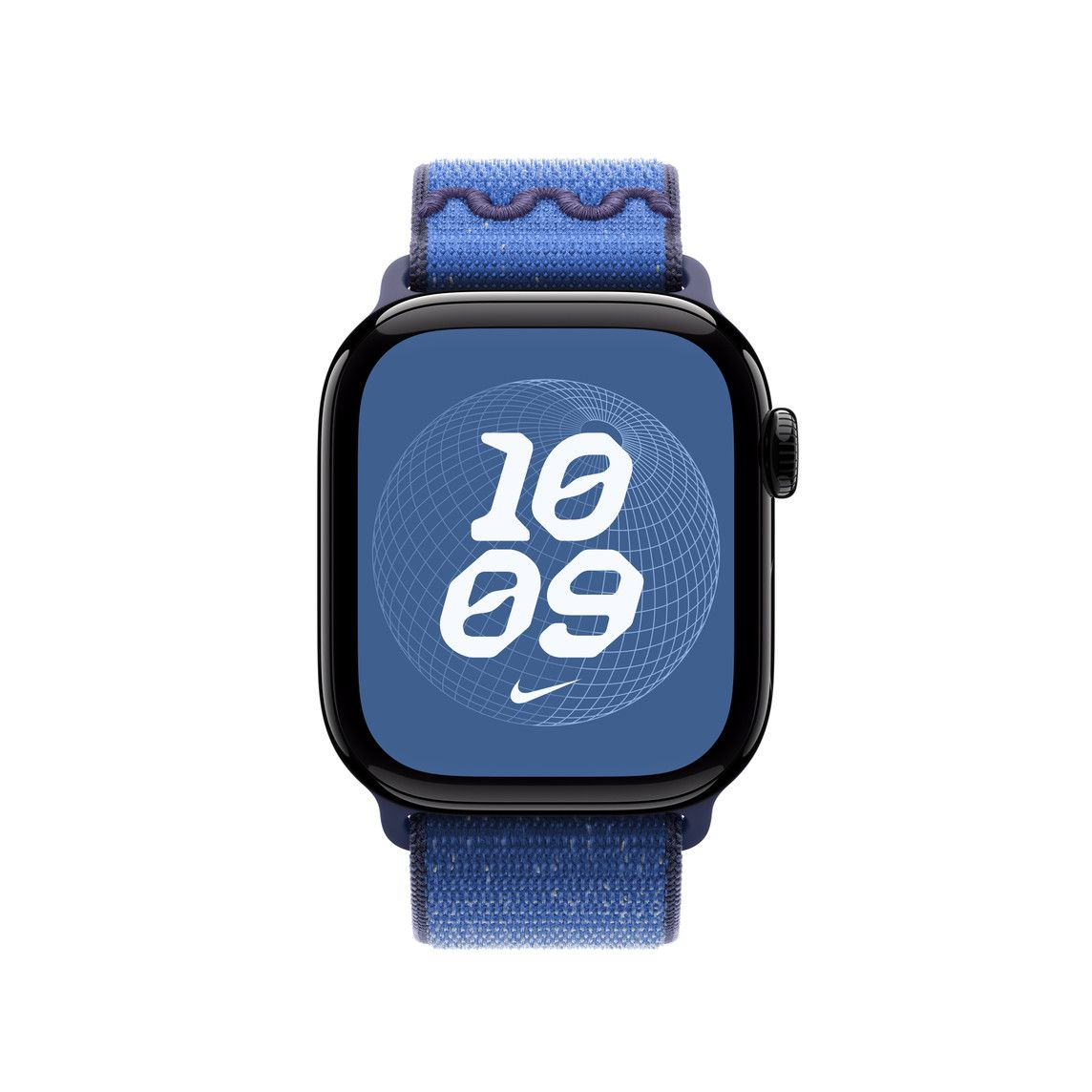 Apple Watch kék szíjjal. Az óralap 10:09-et mutat, alul Nike logóval.