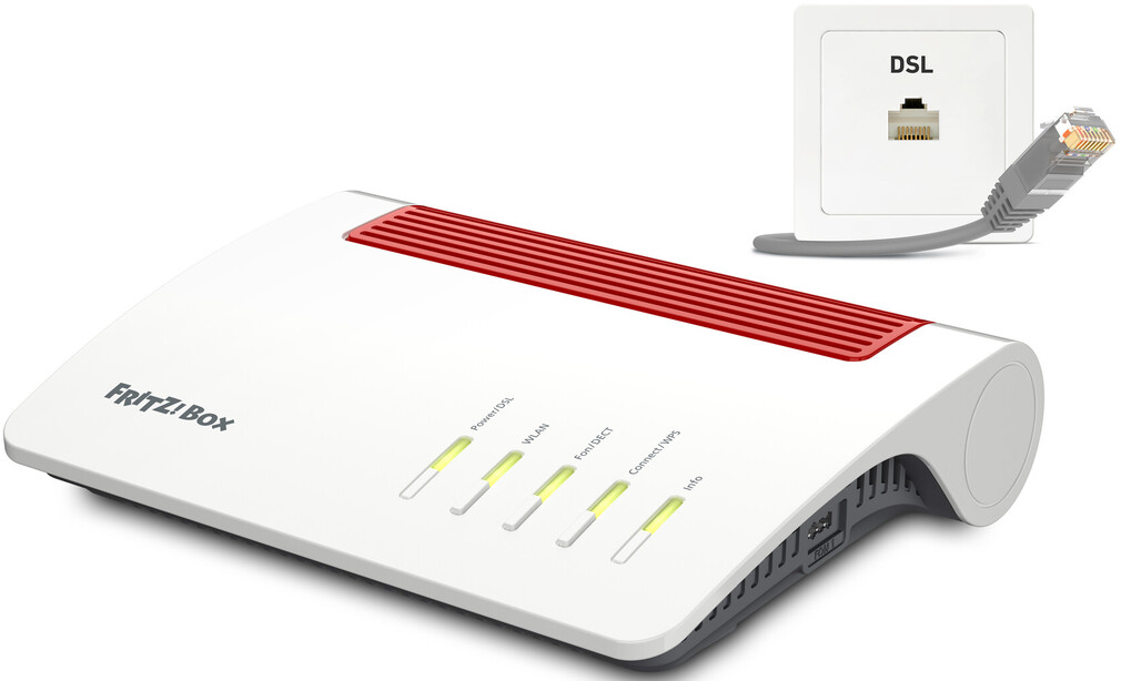 Routeur blanc et rouge avec câble DSL connecté et prise murale. Les lumières du routeur sont allumées.