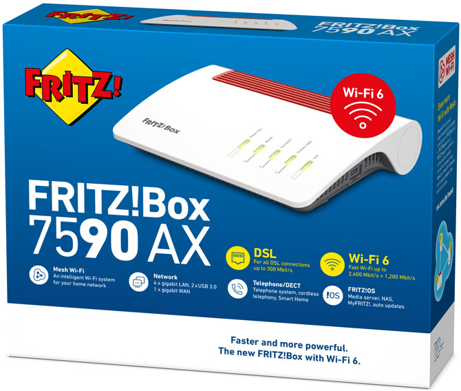 Boîte du routeur FRITZ!Box 7590 AX, blanc avec des touches de rouge. Caractéristiques : Wi-Fi 6, Wi-Fi mesh et support DSL.