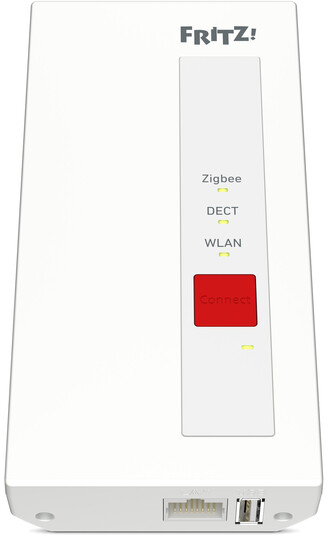 Un routeur blanc avec un bouton rouge 'Connecter'. Il a des indicateurs Zigbee, DECT et WLAN, et des ports en bas.