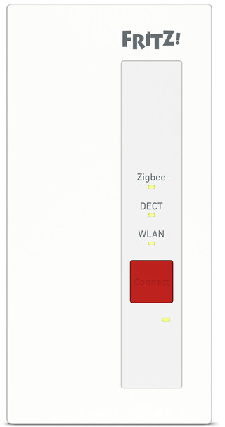 Un routeur blanc avec la marque 'FRITZ!'. Il possède des boutons pour Zigbee, DECT, WLAN et un bouton rouge 'Connect'. Des lumières jaunes sont allumées.