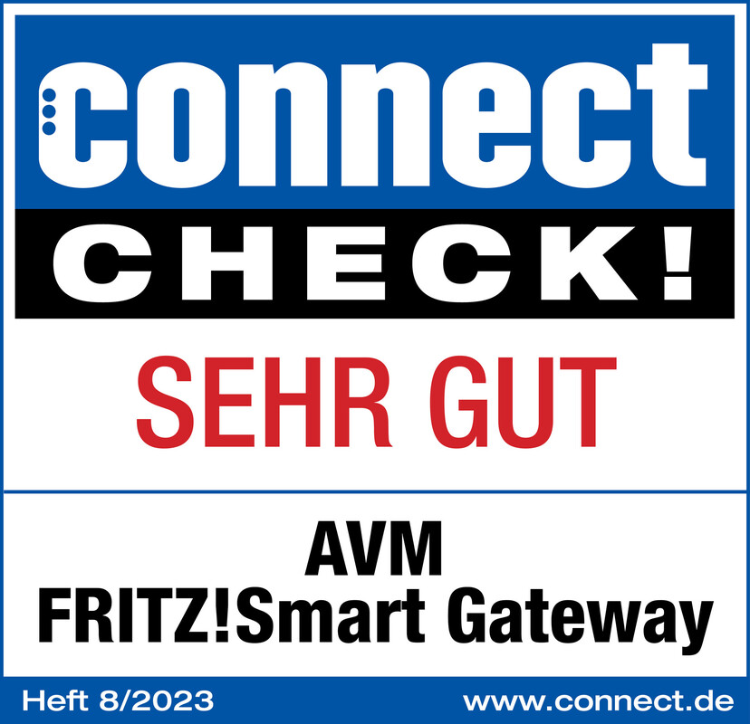 Badge de revue avec 'connect CHECK!' et 'SEHR GUT'. En dessous, 'AVM FRITZ!Smart Gateway'. Numéro 8/2023. Adresse web en bas.