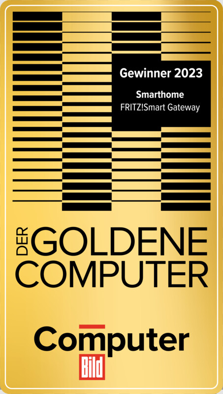 Prix Golden Computer, gagnant 2023. Le texte comprend Smarthome, FRITZ!Smart Gateway et le logo Computer Bild.