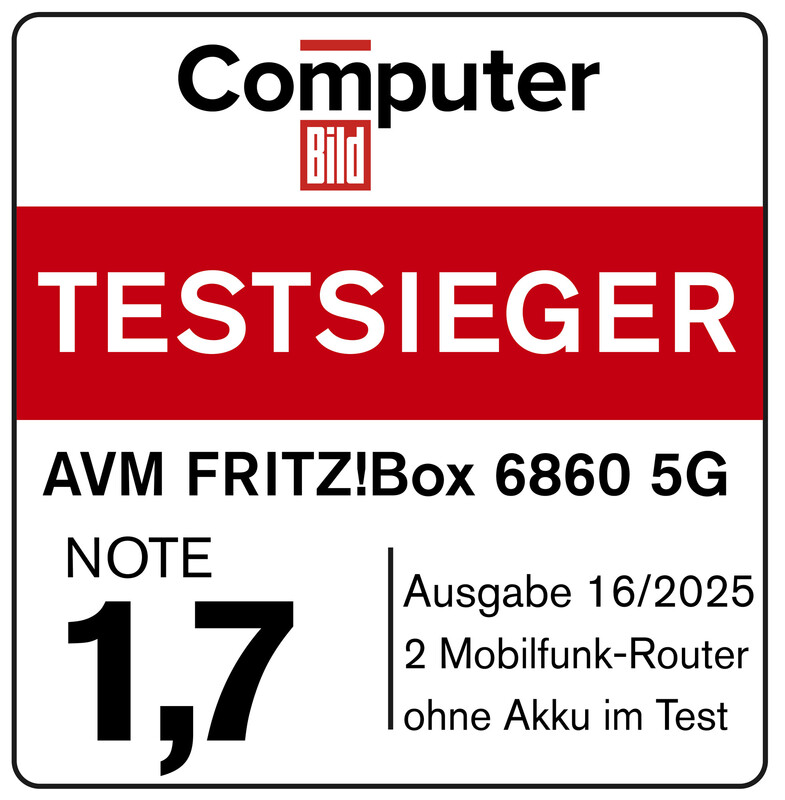 L'immagine mostra il logo Computer Bild, uno striscione rosso con 'TESTSIEGER', i dettagli di AVM FRITZ!Box 6860 5G e un voto di 1,7.