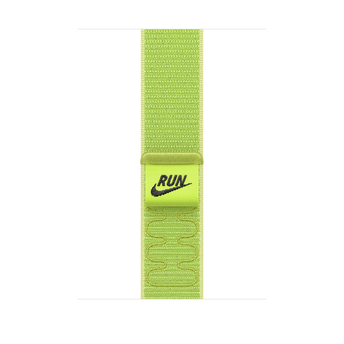 Egy lime zöld Nike óraszíj, egy kis lime zöld címkével, rajta a 'RUN' felirattal, és egy fekete Nike logóval.