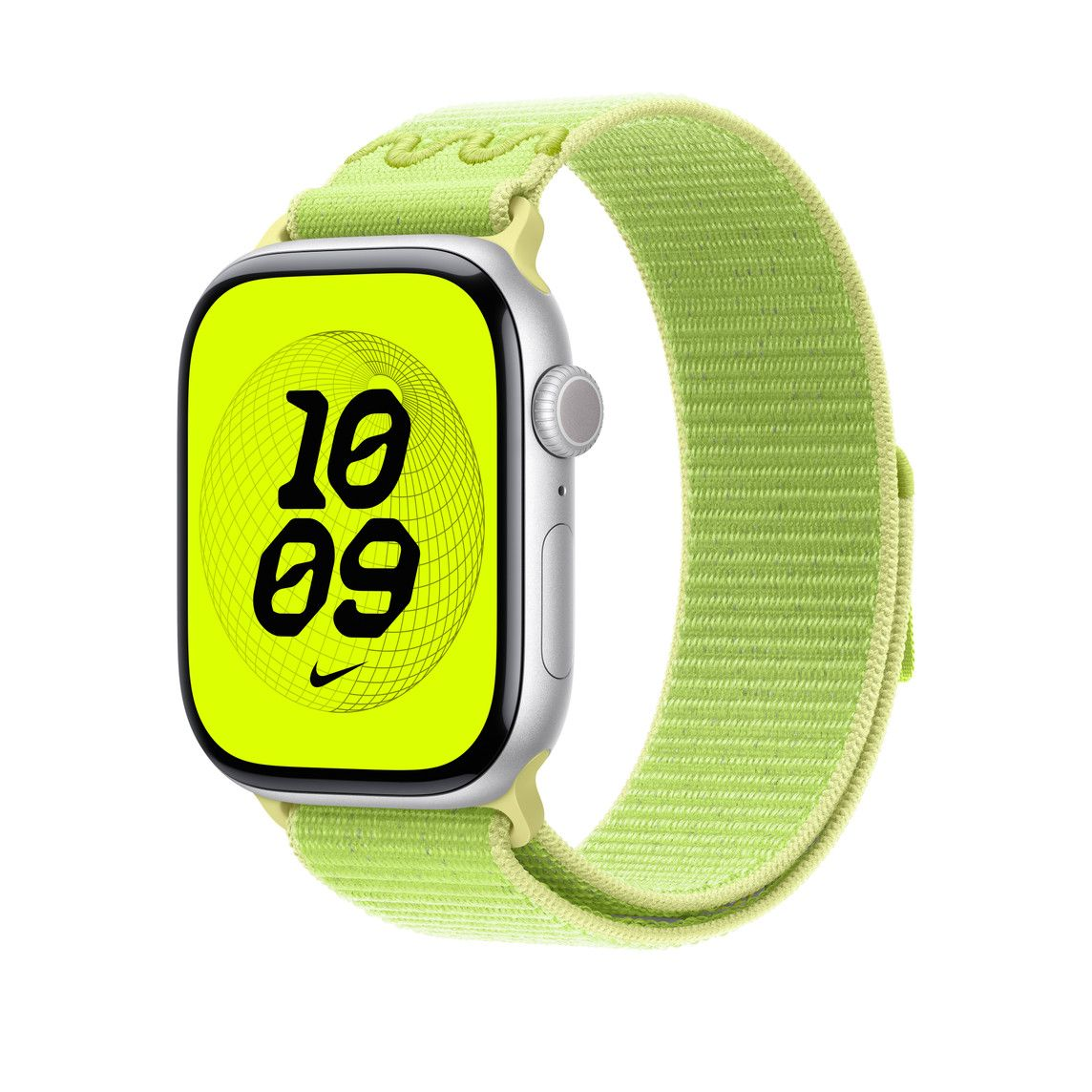 Apple Watch világoszöld szíjjal. A számlap 10:09-et mutat, sárga háttérrel és Nike logóval.