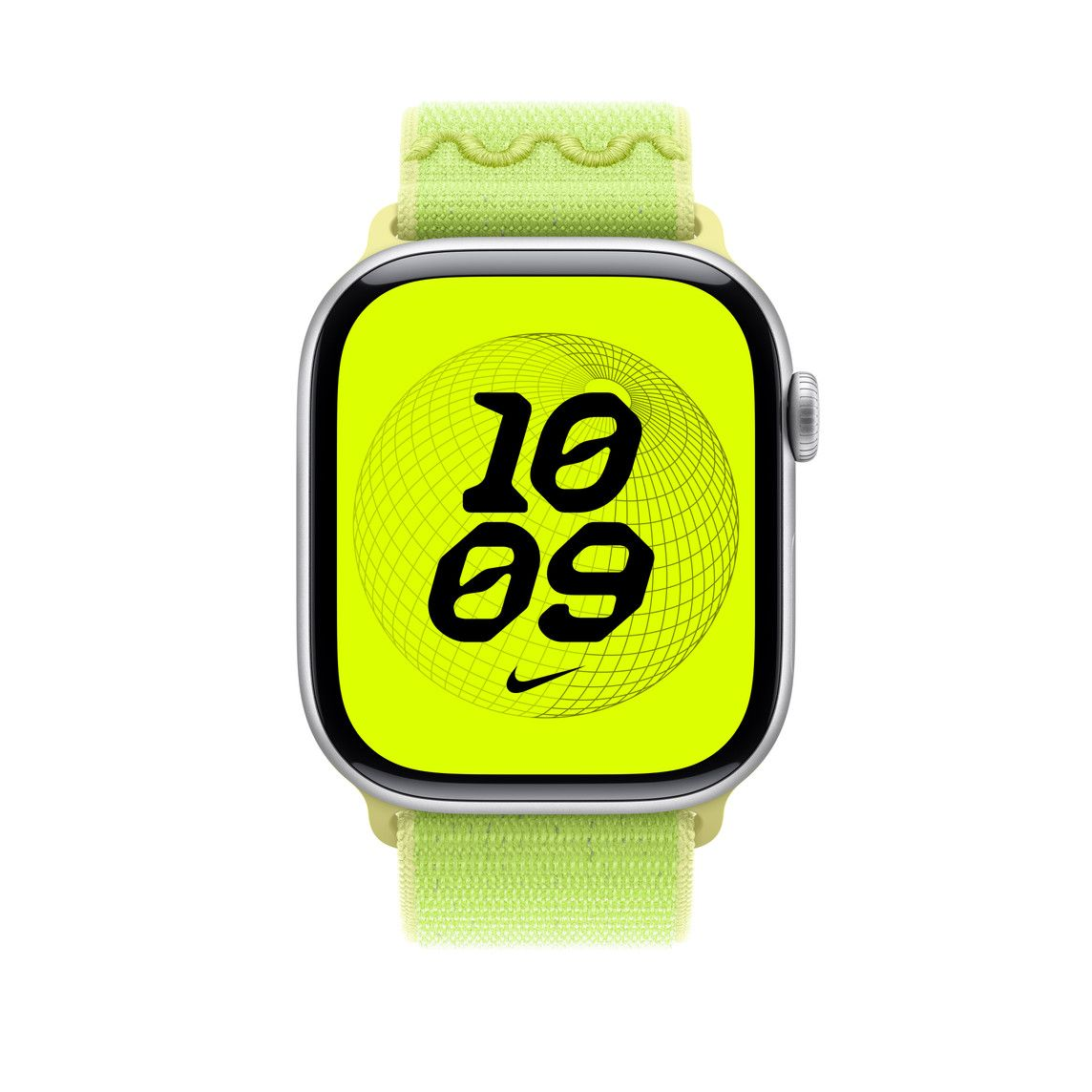 Apple Watch sárga képernyővel, amely 10:09-et mutat. A szíj világoszöld. A háttér fehér.